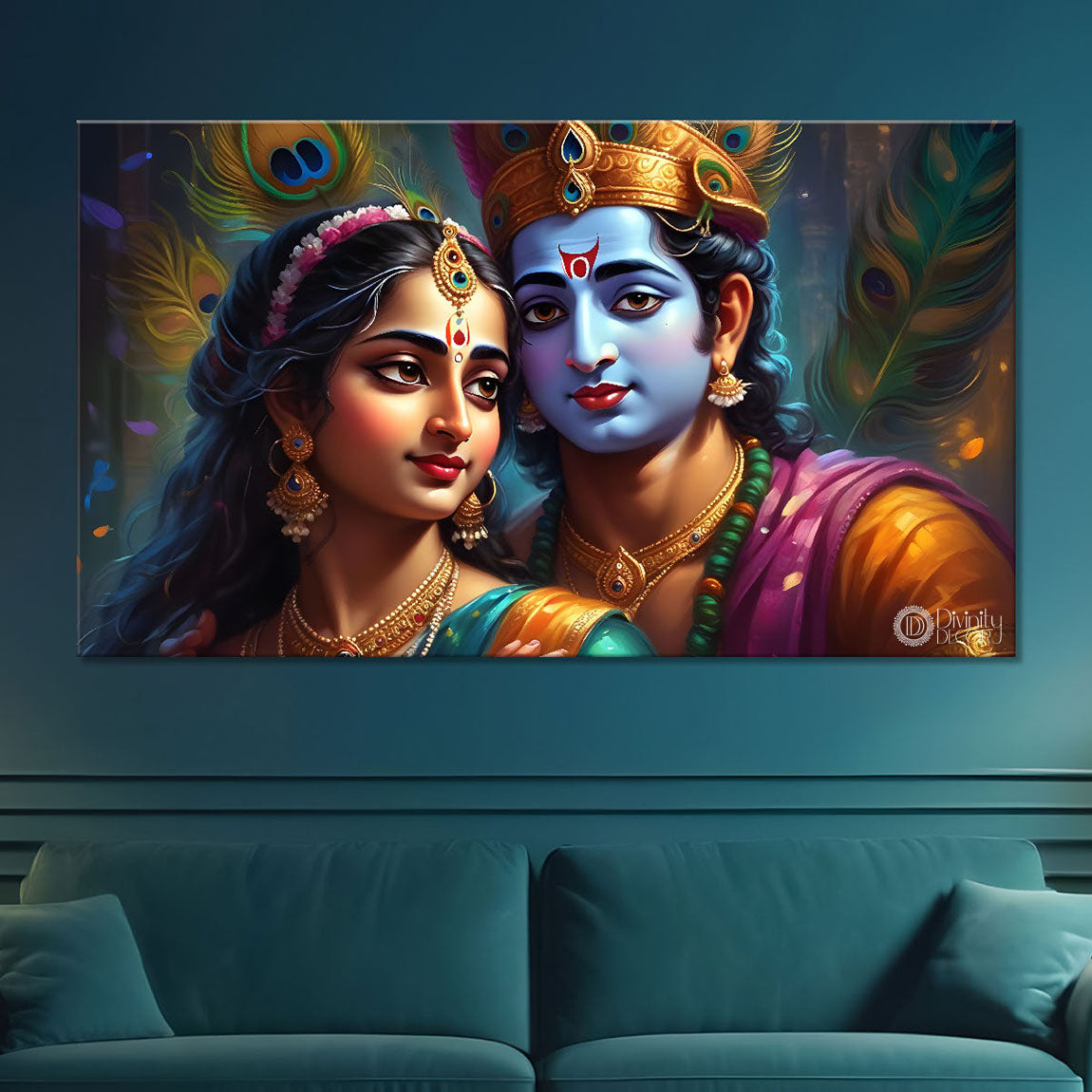 Krishna and Radha with peacock feathers painting Canvas Painting - Design - Krishna-102