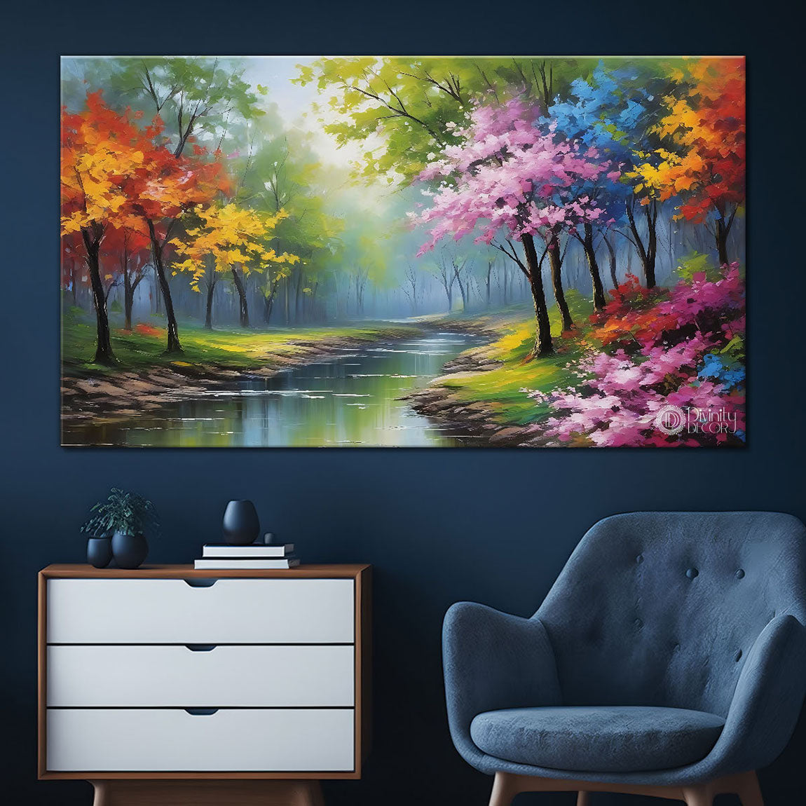 Colorful trees with lake in textured natural painting Canvas Painting - Nature Art -102