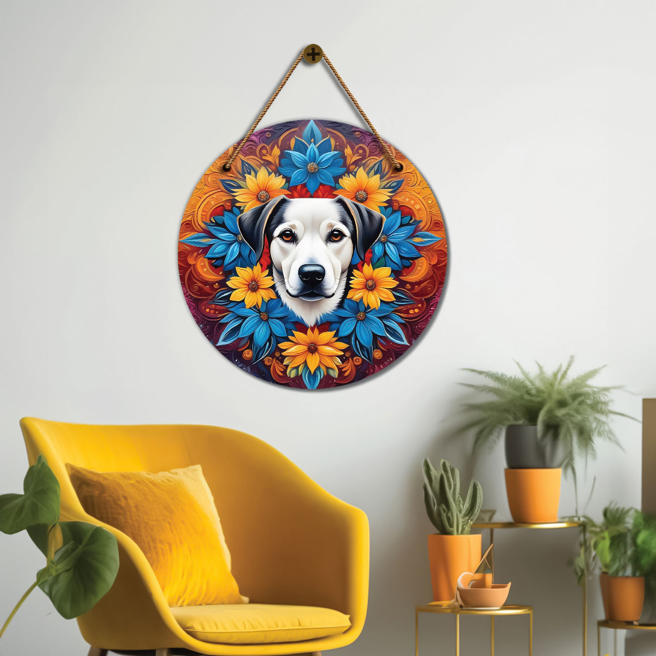 Dog in blue and floral mandala Round Wooden Wall Hanging for wall Décor - Design - 102