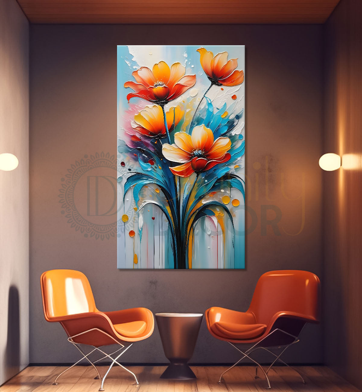Orange flowers in colourful textured background painting- Flower-V-102