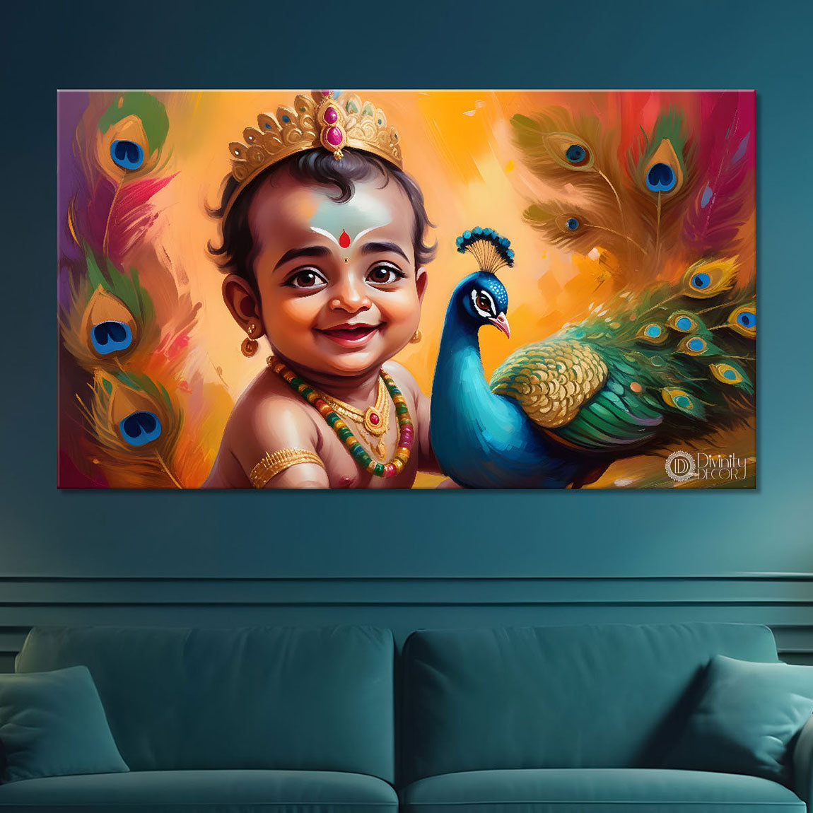 Little Krishna with peacock painting Canvas Painting - Design - Krishna-103