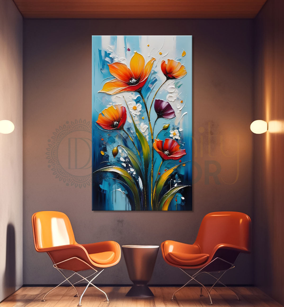 Orange flowers in sky blue textured background painting- Flower-V-103