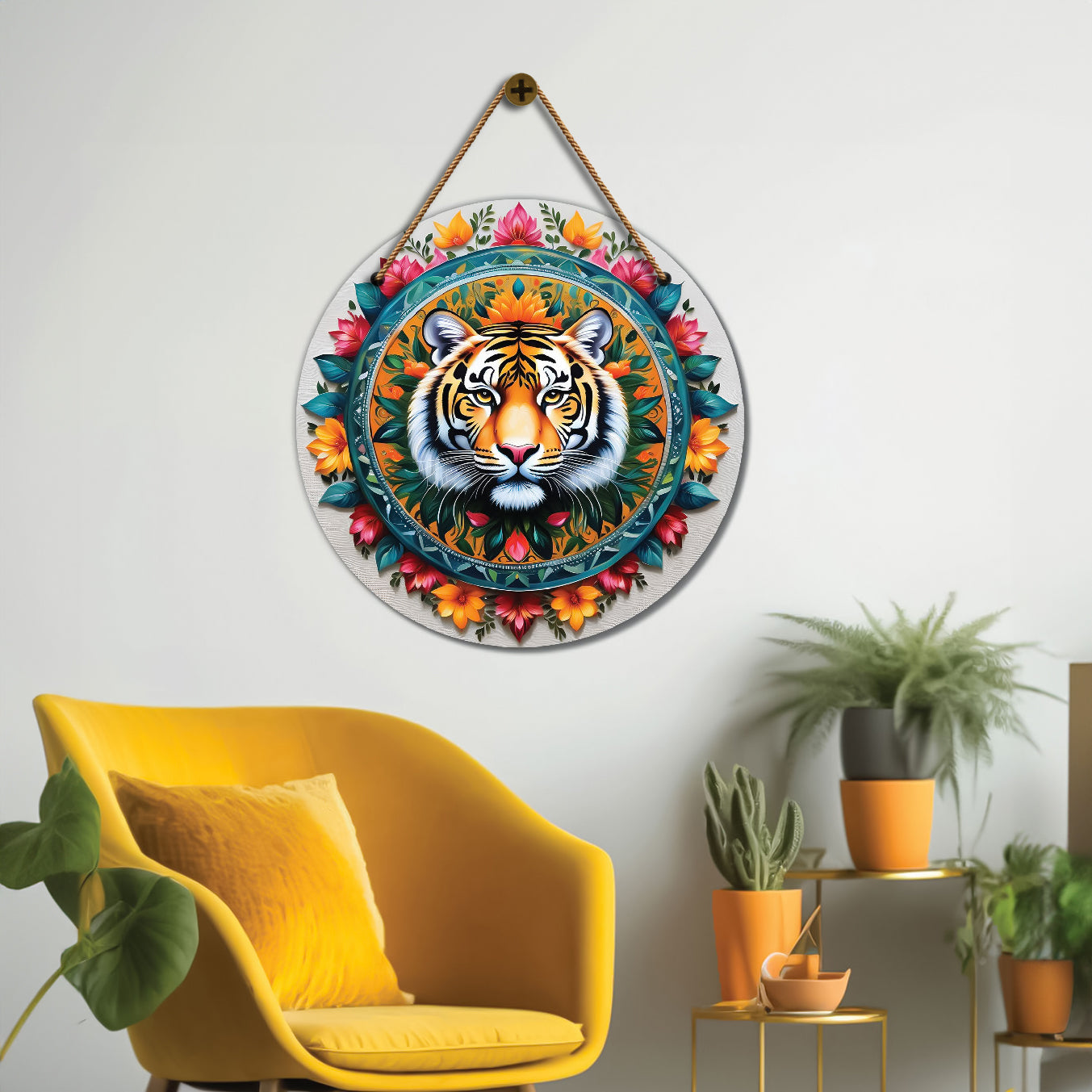 Tiger in green and floral mandala Round Wooden Wall Hanging for wall Décor - Design - 103