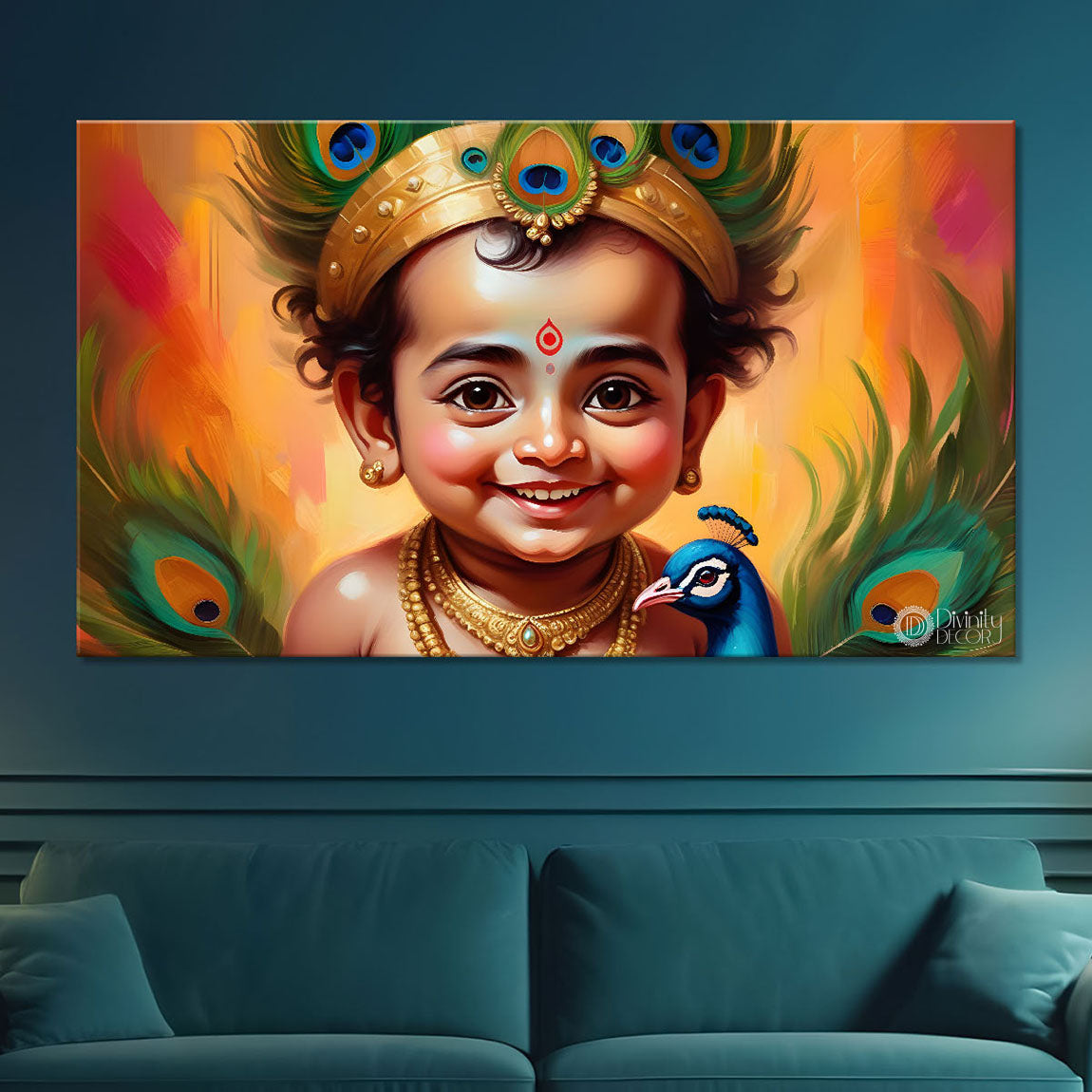 Little Krishna with peacock painting Canvas Painting - Design - Krishna-104