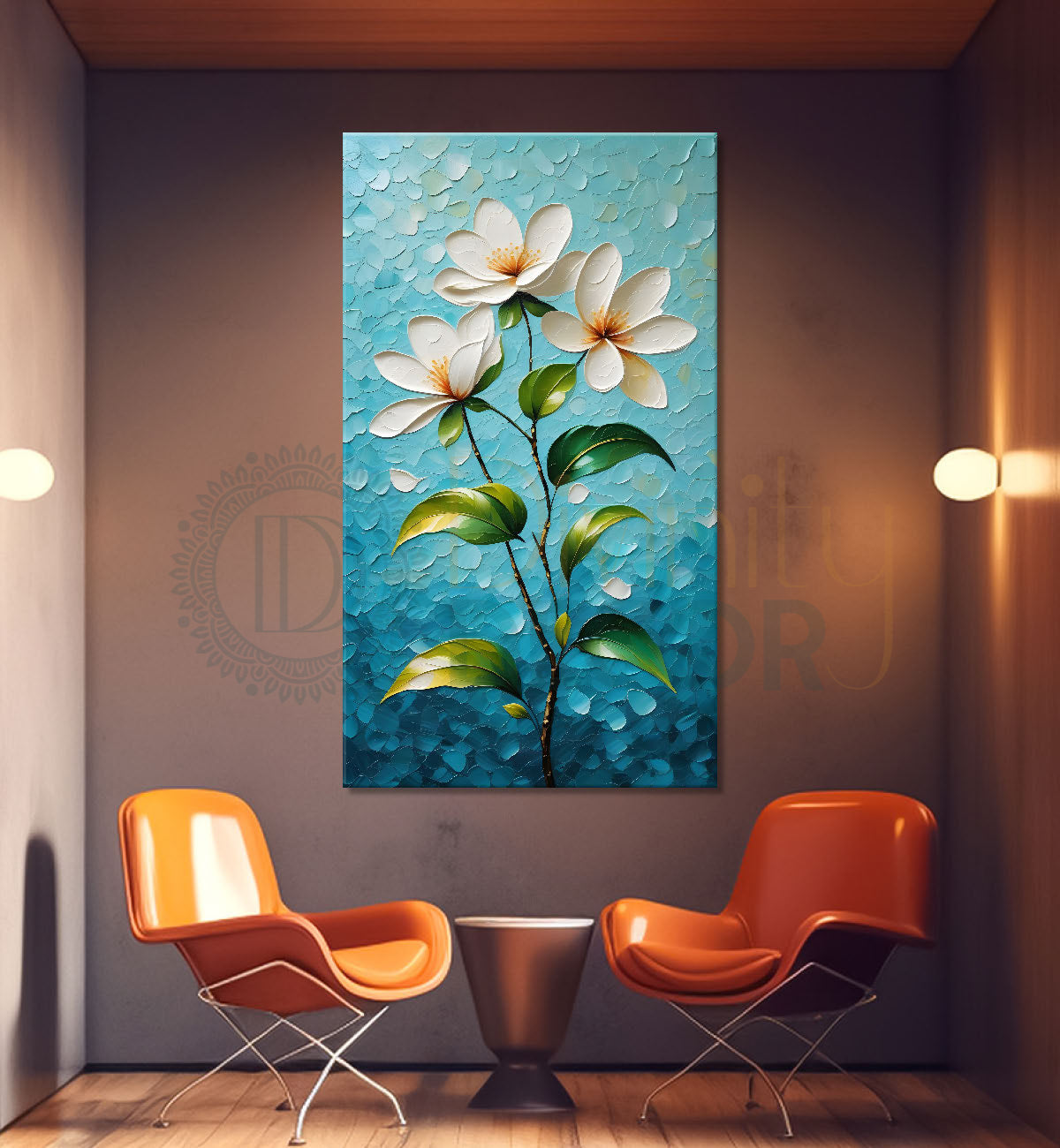 White flowers in sky blue textured background painting- Flower-V-104