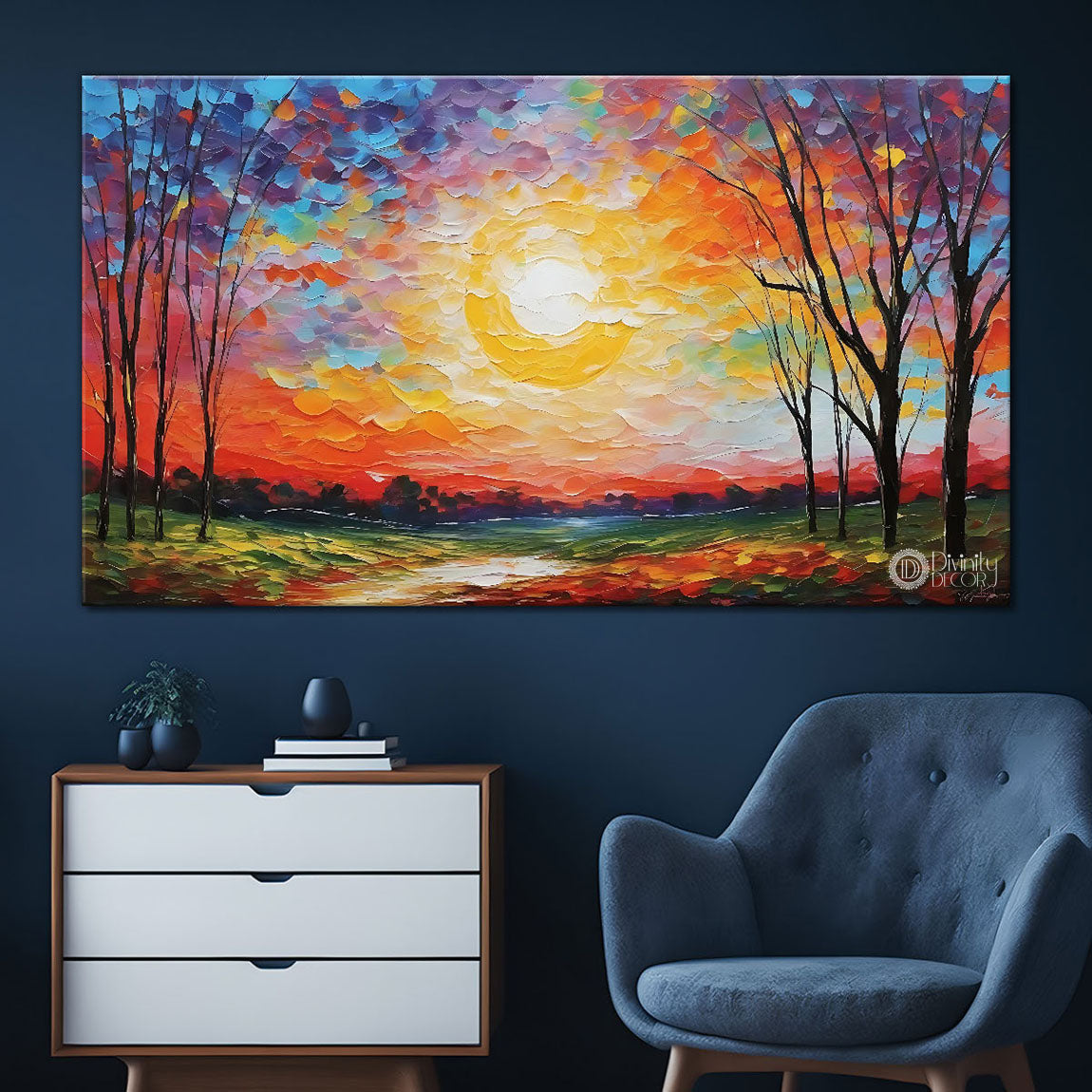 Trees with colorful sky and lake in textured painting Canvas Painting - Nature Art -104