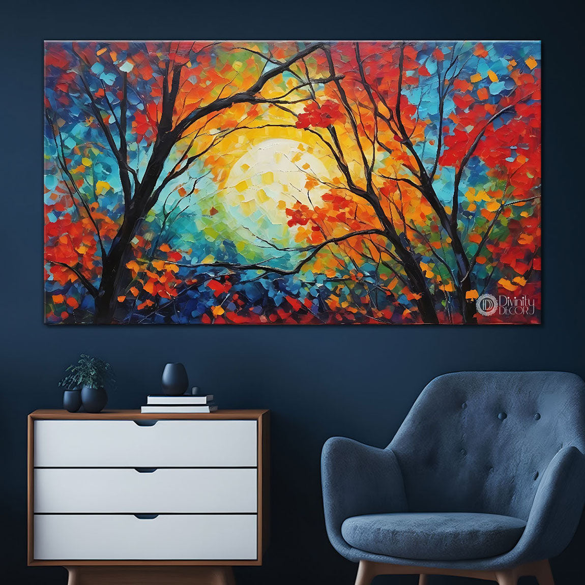 Colorful trees with sun in textured painting Canvas Painting - Nature Art -105