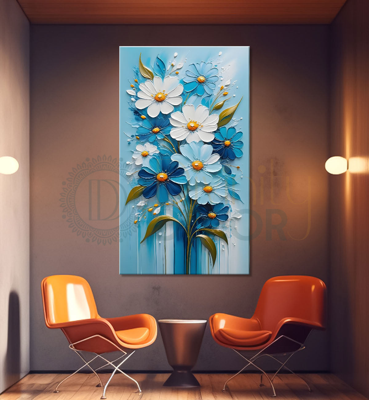 White flowers in sky blue textured background painting- Flower-V-105