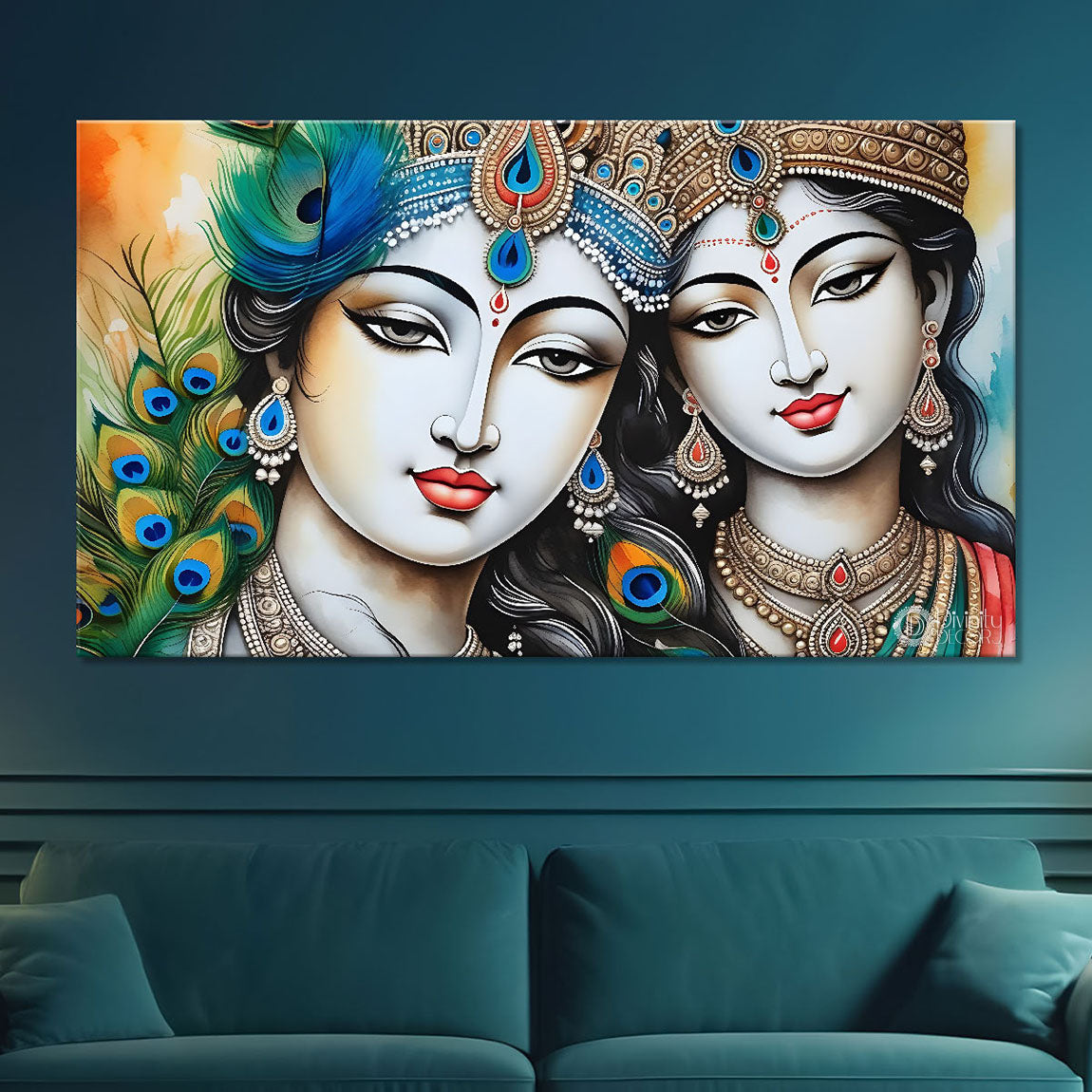 Krishna and Radha with peacock feathers painting Canvas Painting - Design - Krishna-106