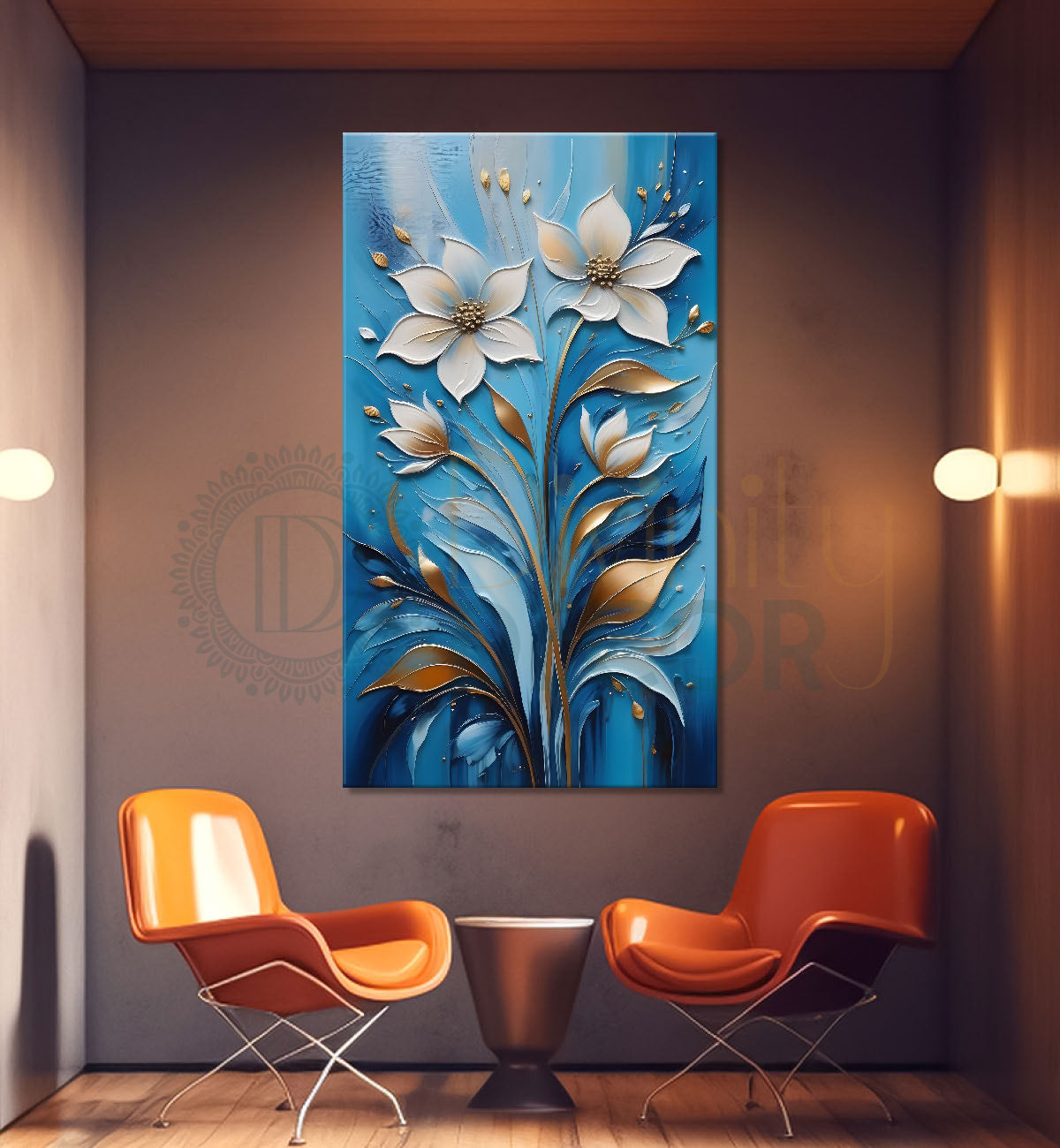 White flowers in sky blue textured background painting- Flower-V-106