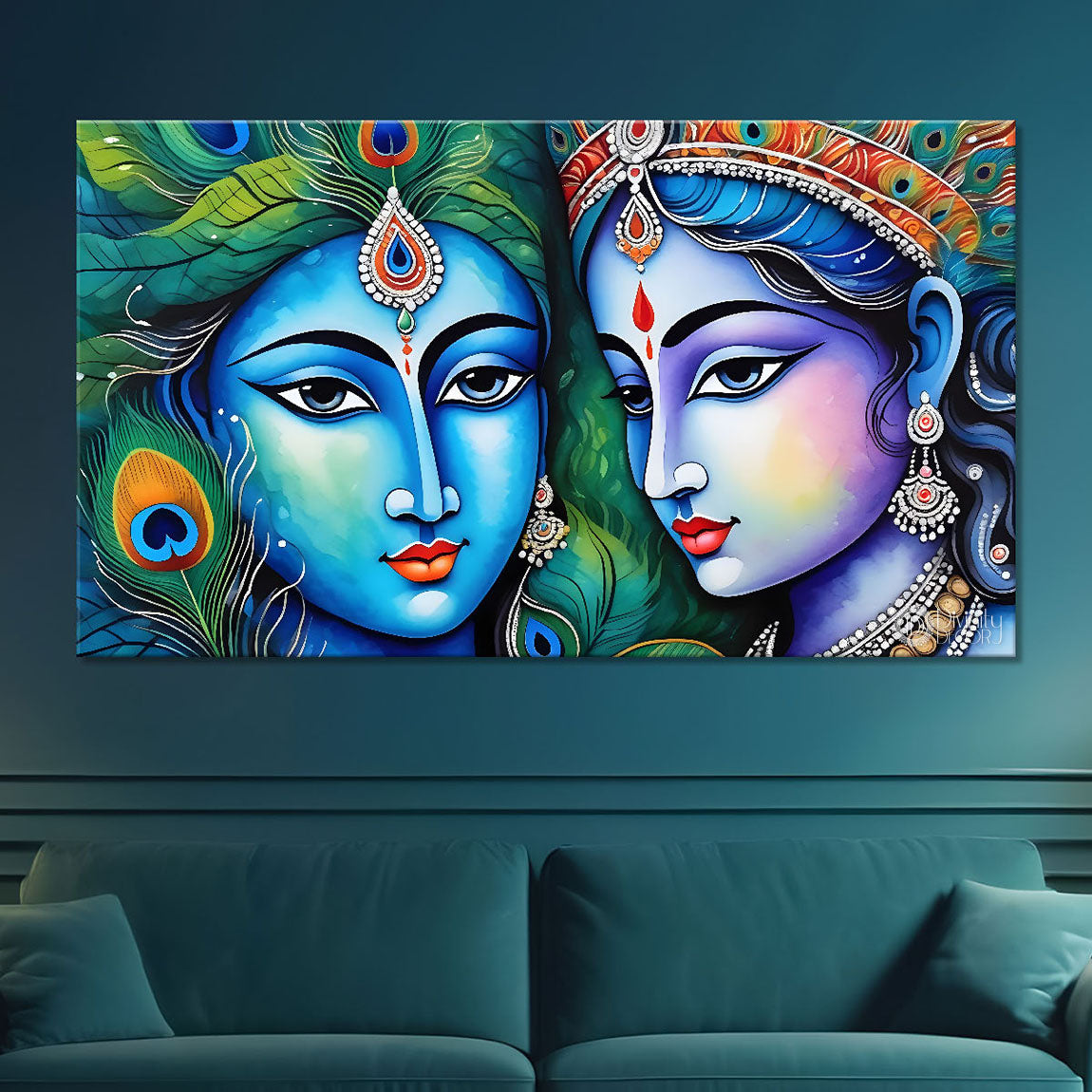 Blue face of Krishna and Radha with peacock feathers painting Canvas Painting - Design - Krishna-107