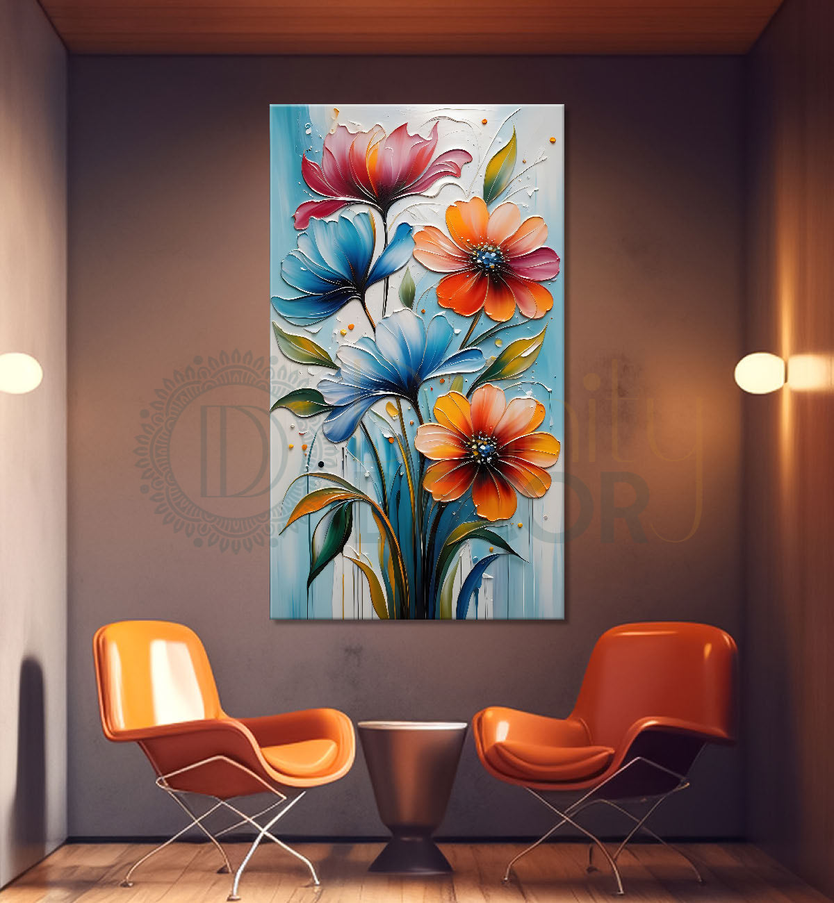 Orange and blue flowers in sky blue textured background painting- Flower-V-107