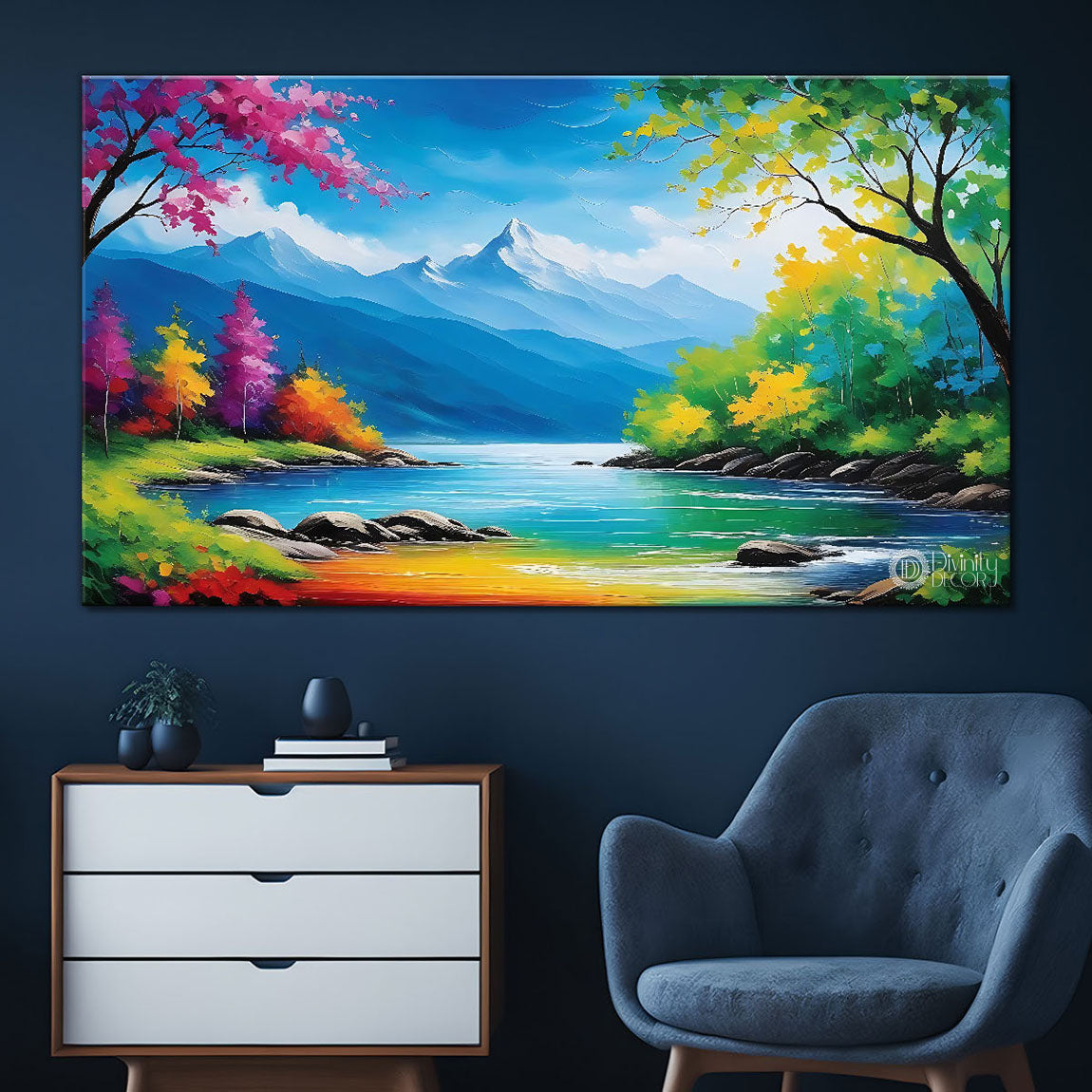 Mountains with trees in textured painting Canvas Painting - Nature Art -107