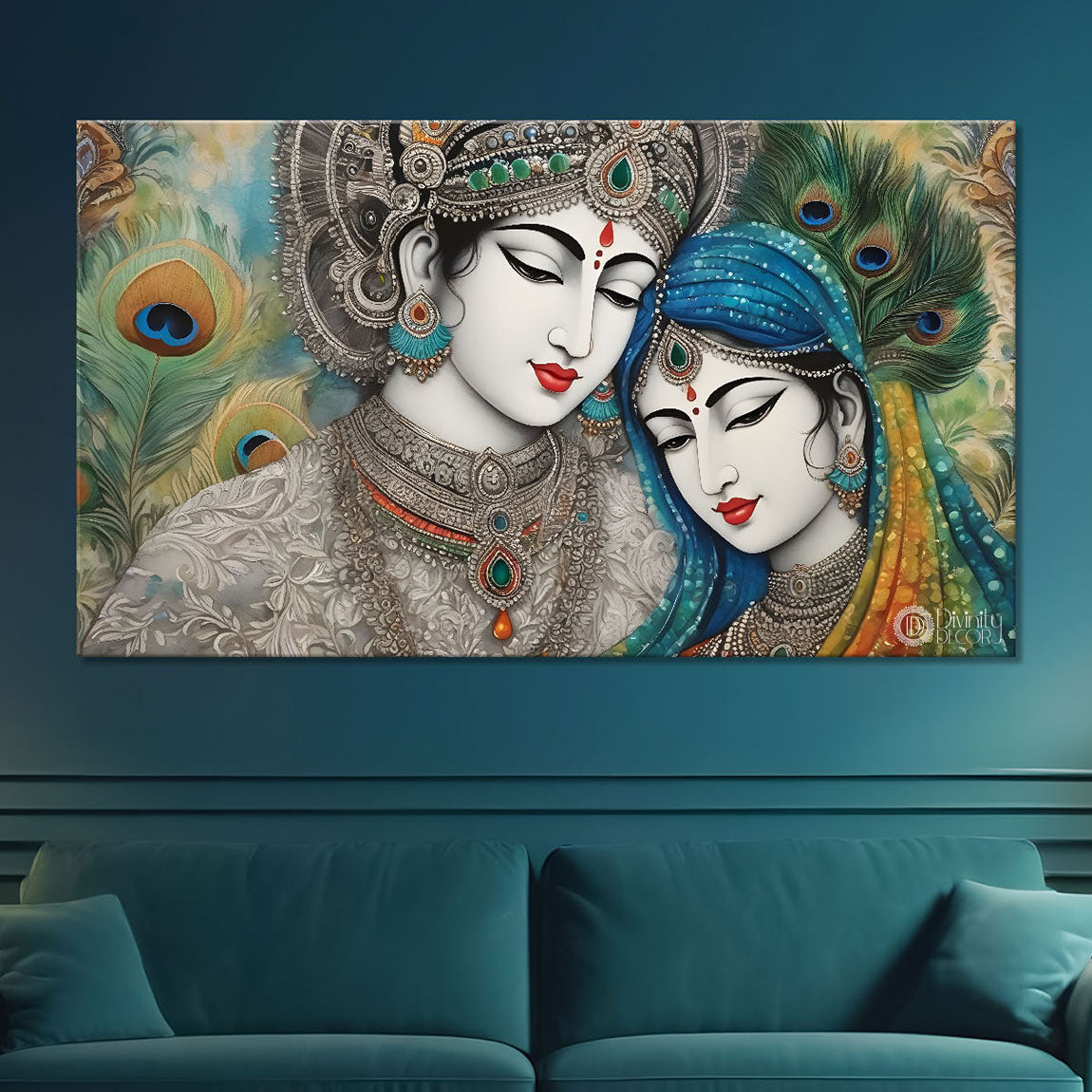 Krishna and Radha with peacock feathers painting Canvas Painting - Design - Krishna-108