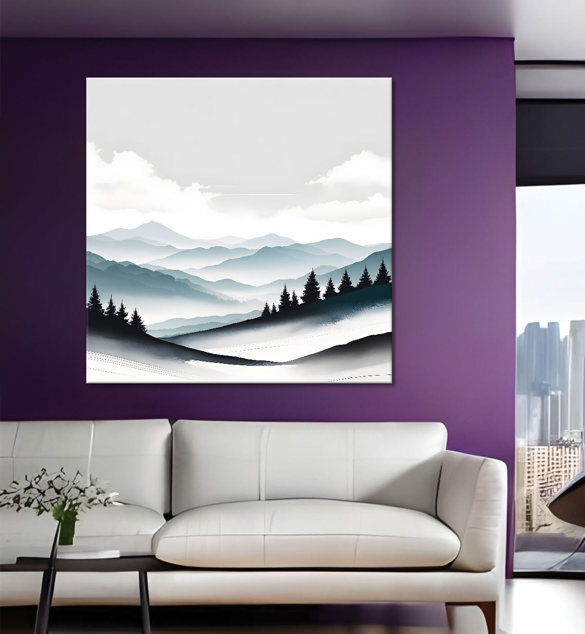 Mountains with trees in textured water colour painting 24X24   - Nature Art -S-108