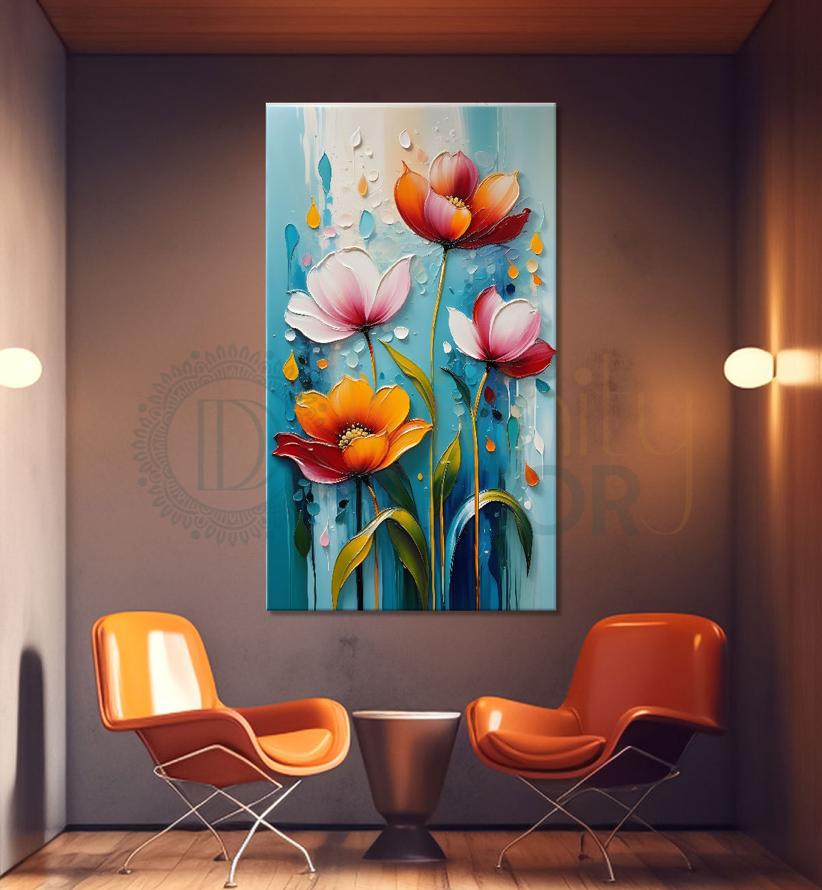 Orange and pink flowers in sky blue textured background painting- Flower-V-108