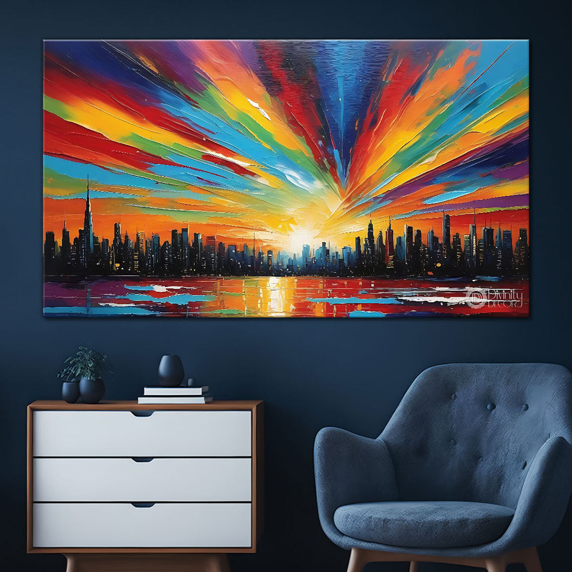 City with colorful sky in textured painting Canvas Painting - Nature Art -108