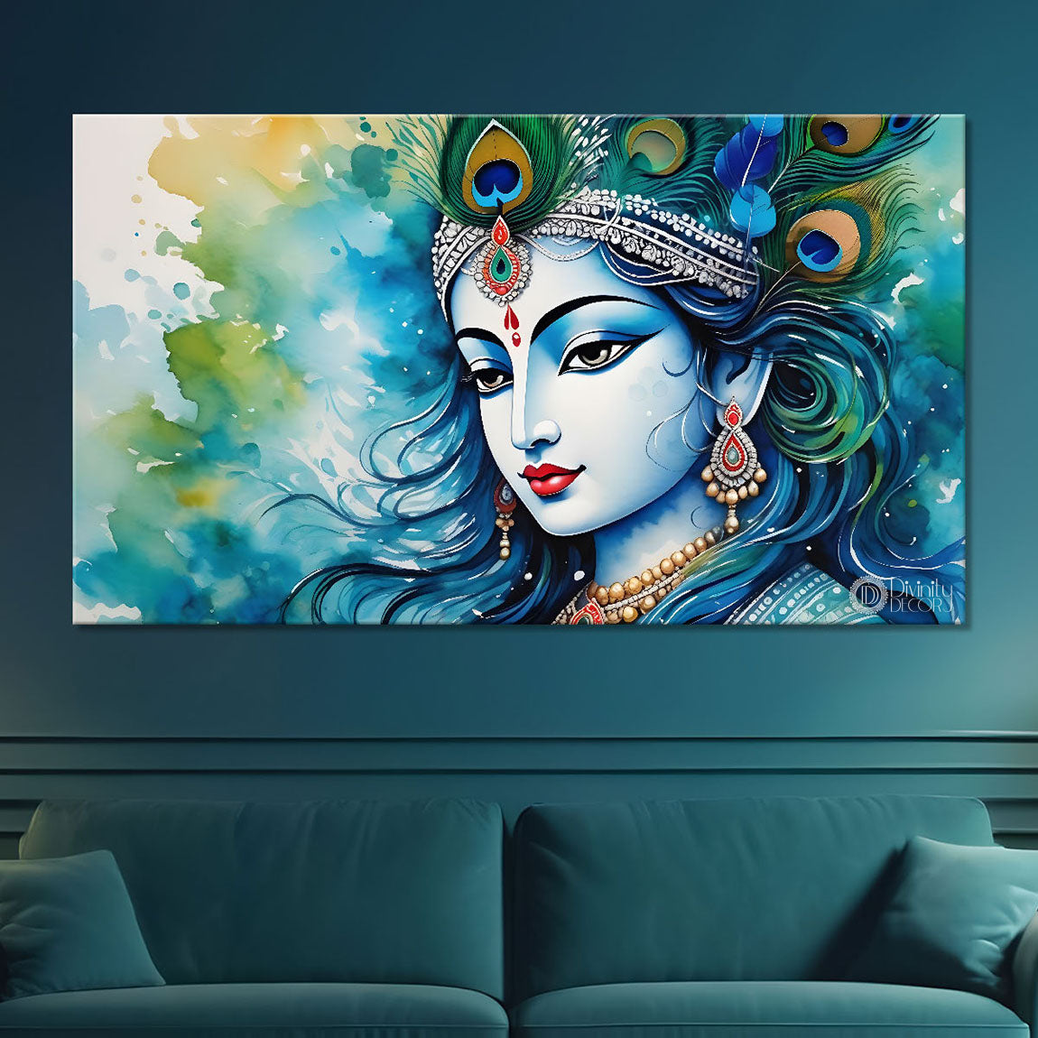 Blue face of Krishna with colorful background painting Canvas Painting - Design - Krishna-109