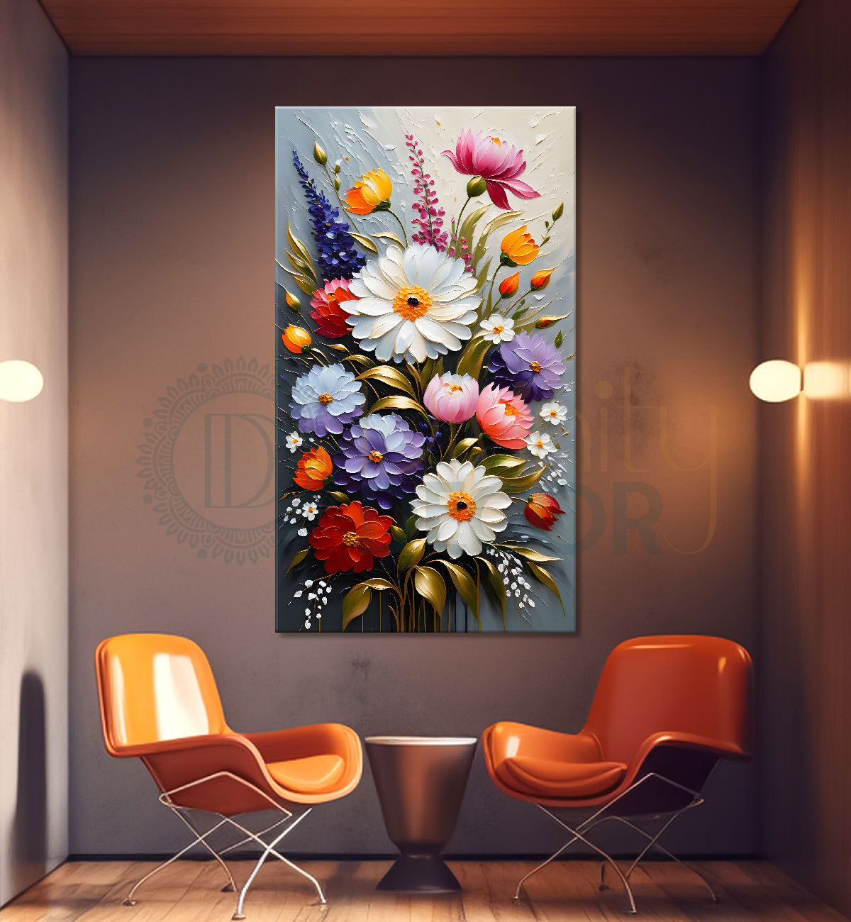 Colourful flowers in grey textured background painting- Flower-V-109