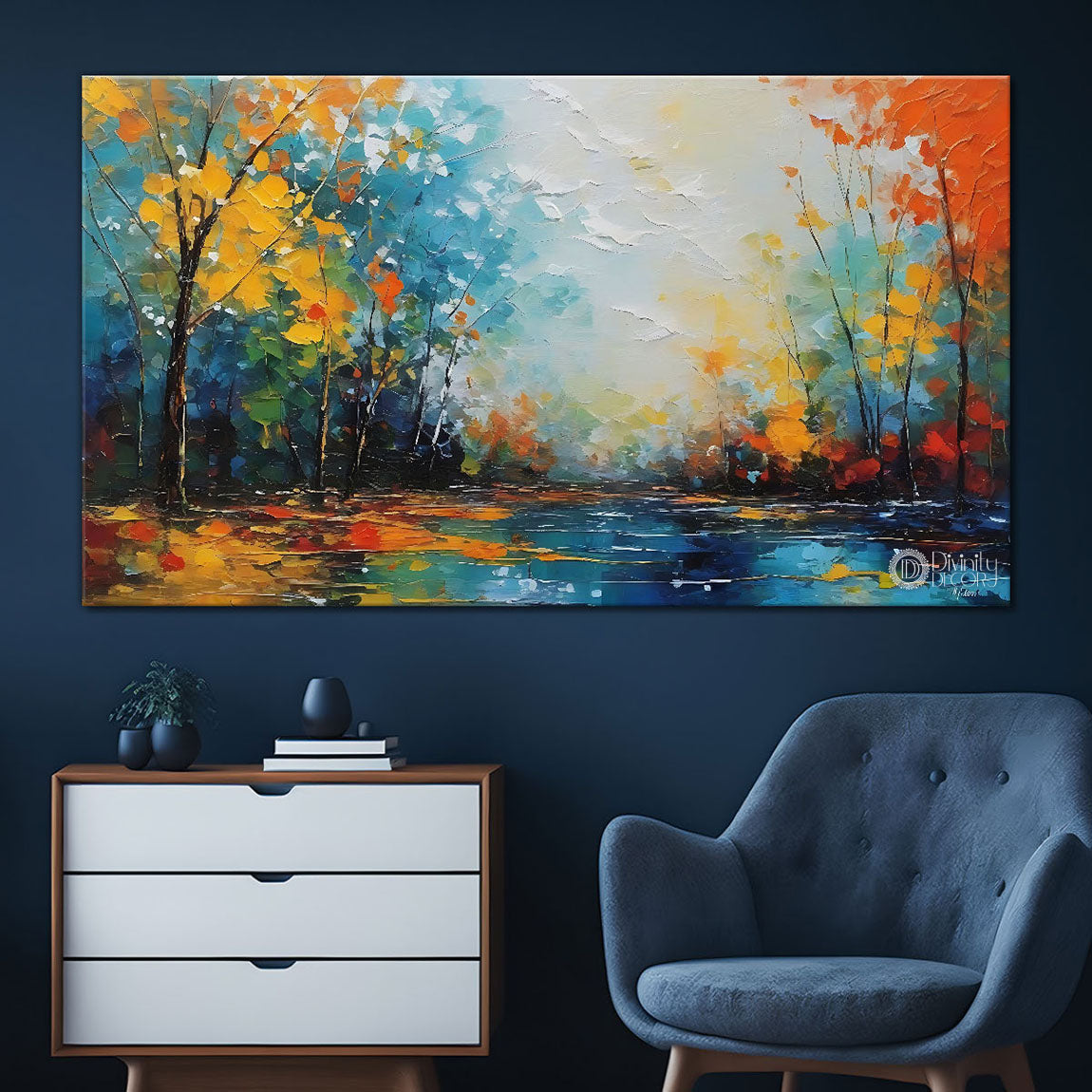 Yellow trees with lake in textured painting Canvas Painting - Nature Art -109