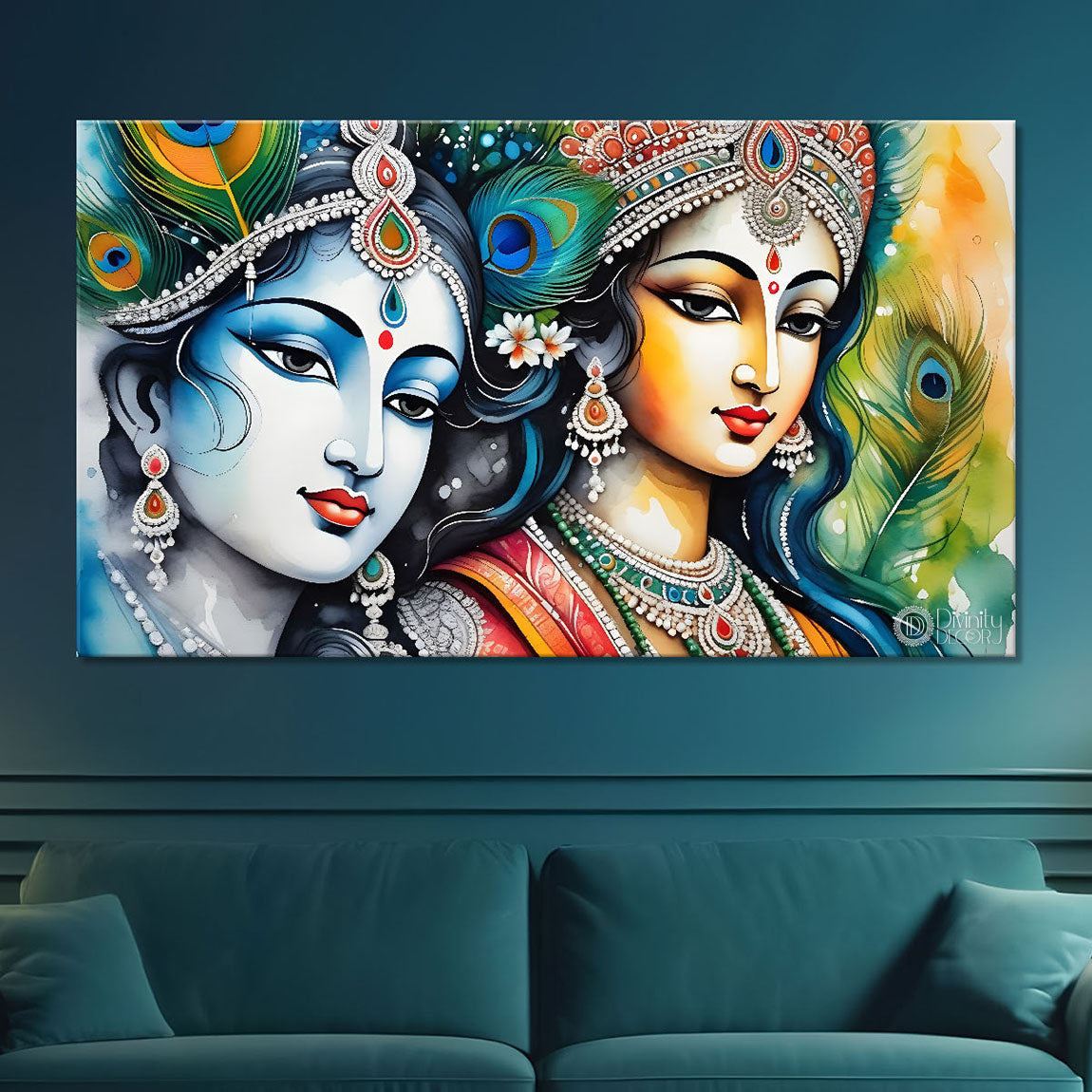 Blue face of Krishna and Radha with peacock feathers painting Canvas Painting - Design - Krishna-110