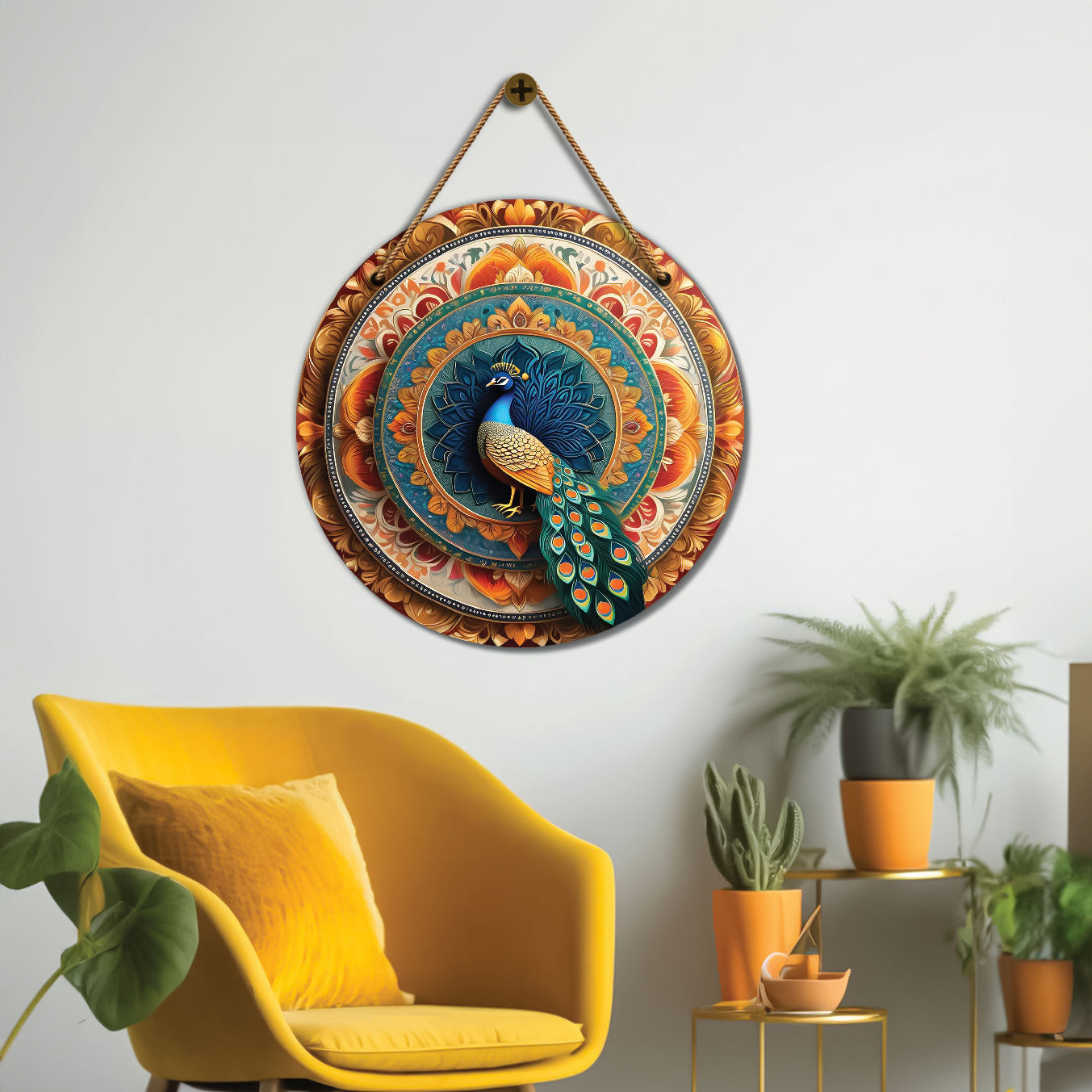 Peacock in orange and blue mandala Round Wooden Wall Hanging for wall Décor - Design - 110