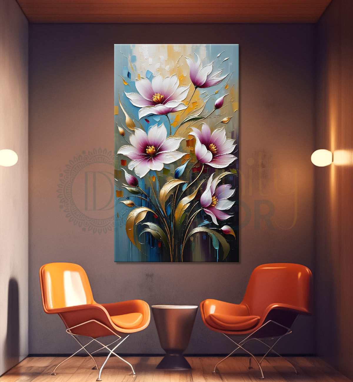 Purple flowers in grey textured painting- Flower-V-110