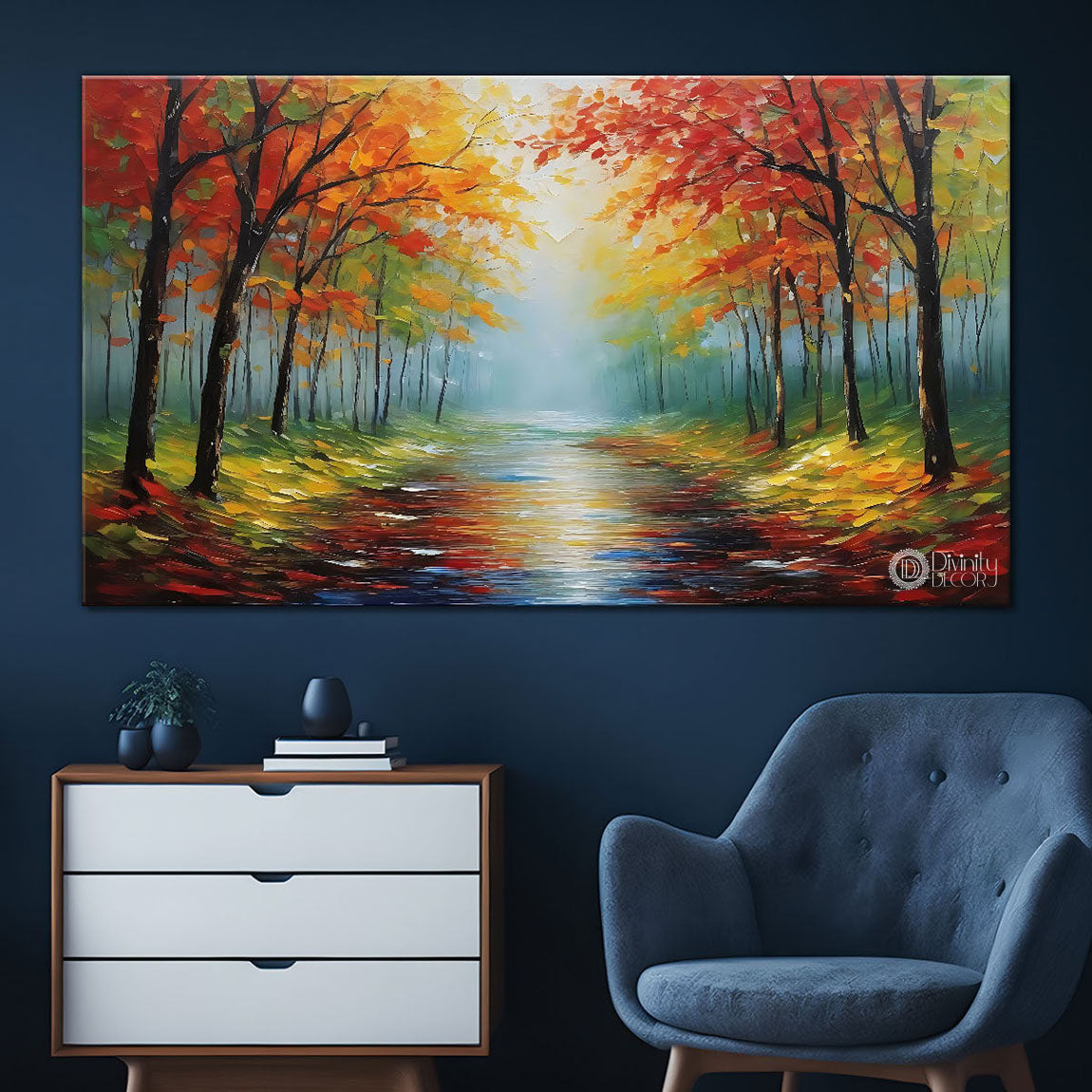Orange trees with lake in textured painting Canvas Painting - Nature Art -110