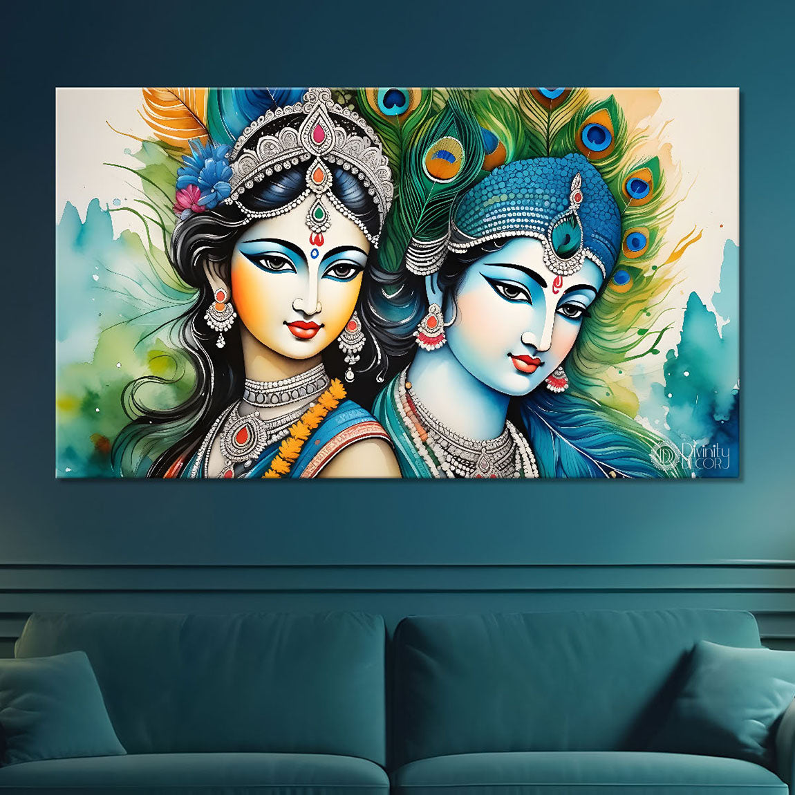 Blue face of Krishna and Radha with peacock feathers painting Canvas Painting - Design - Krishna-111