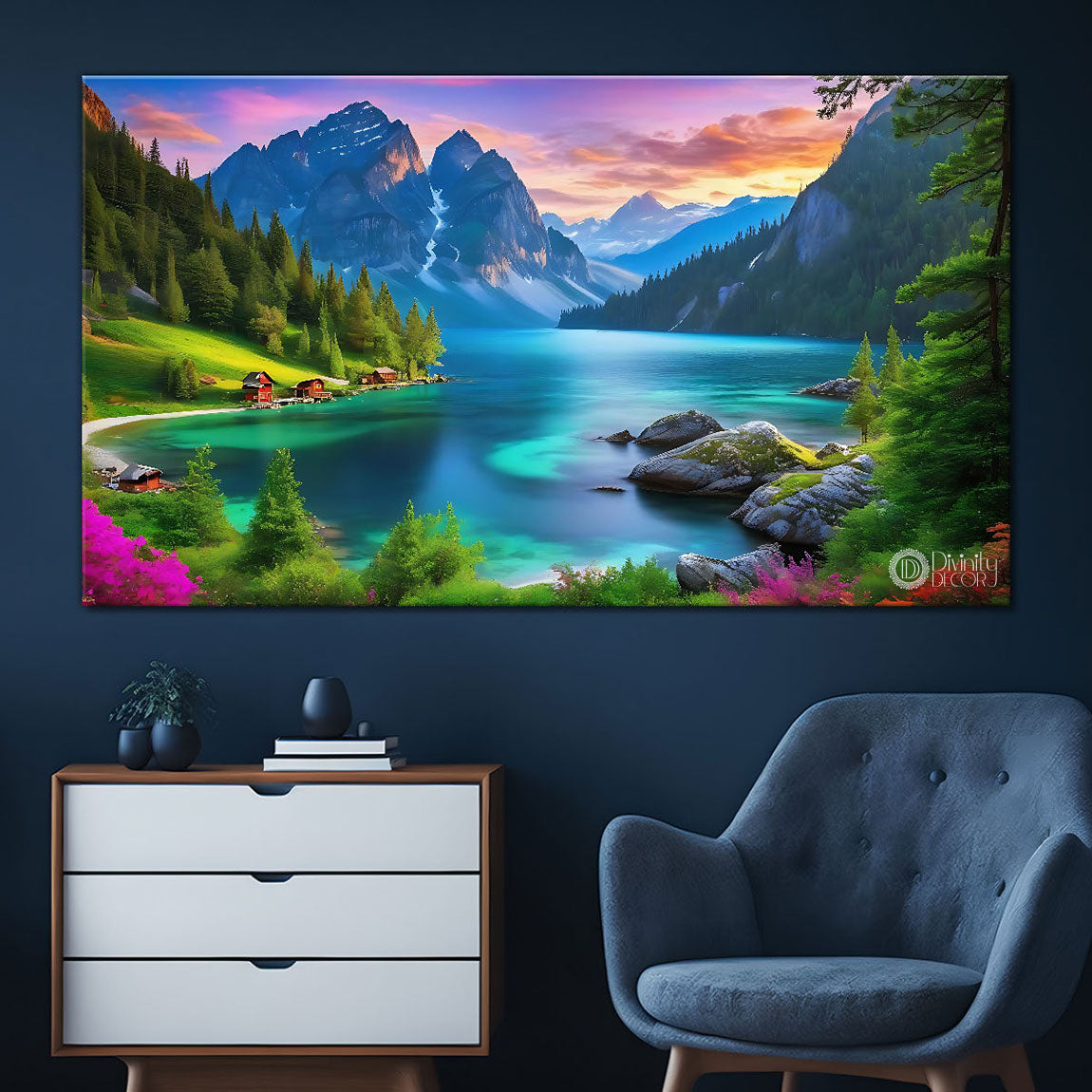 Mountains with river and greenery in pink sky textured painting Canvas Painting - Nature Art -111