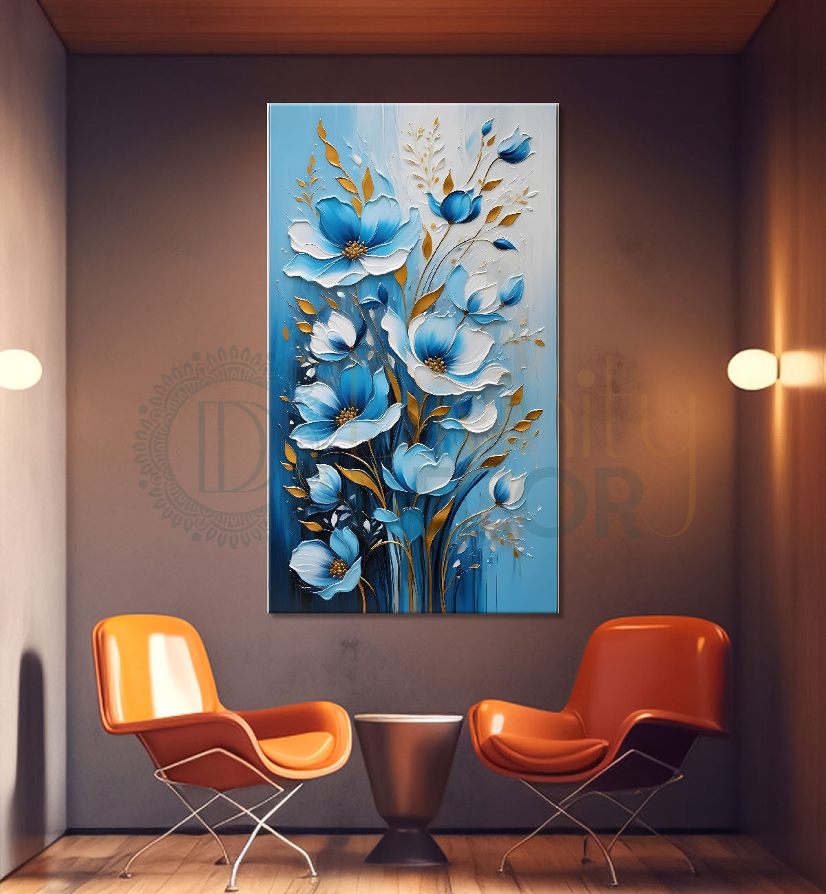 Blue flowers in blue textured background painting- Flower-V-111