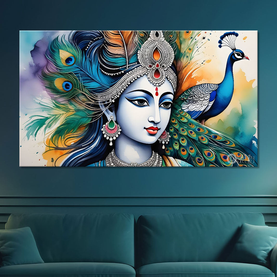 Blue face of Krishna with colorful background painting Canvas Painting - Design - Krishna-112