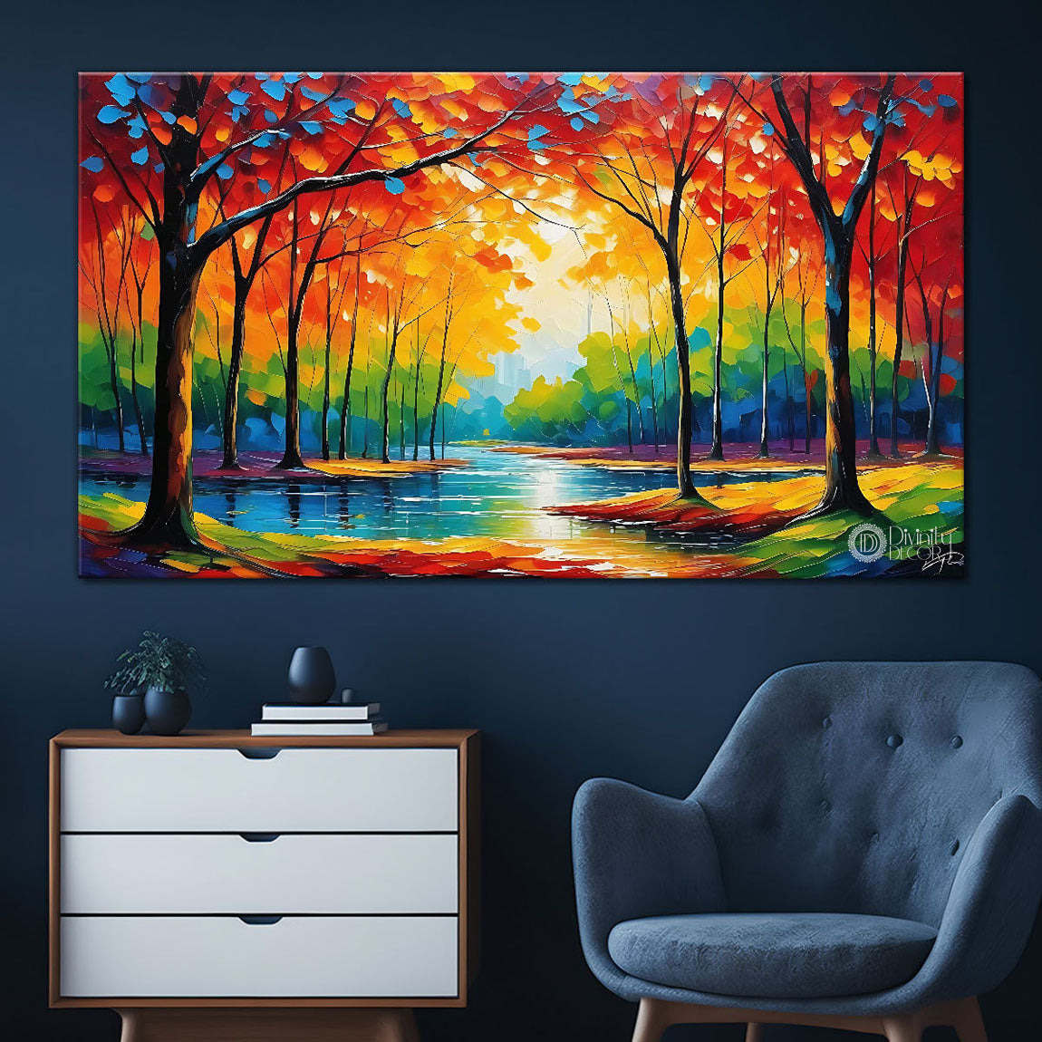 Orange trees with lake in textured natural painting Canvas Painting - Nature Art -112