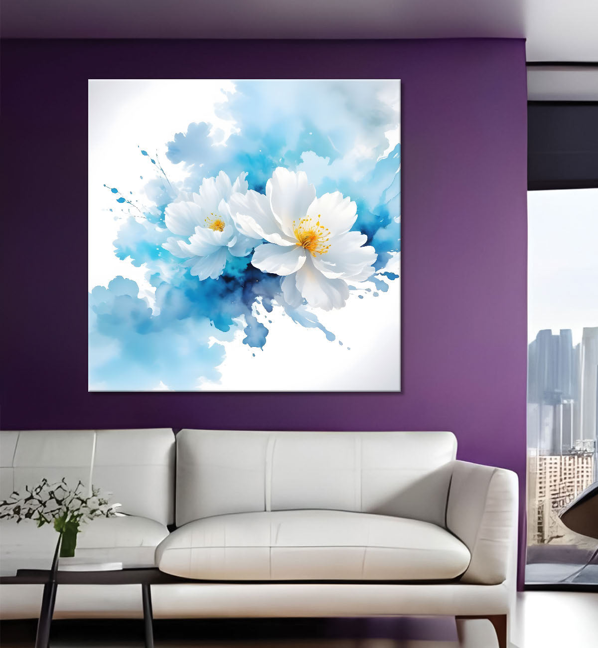 White flowers in water colour painting  24X24 - Nature Art -S-112