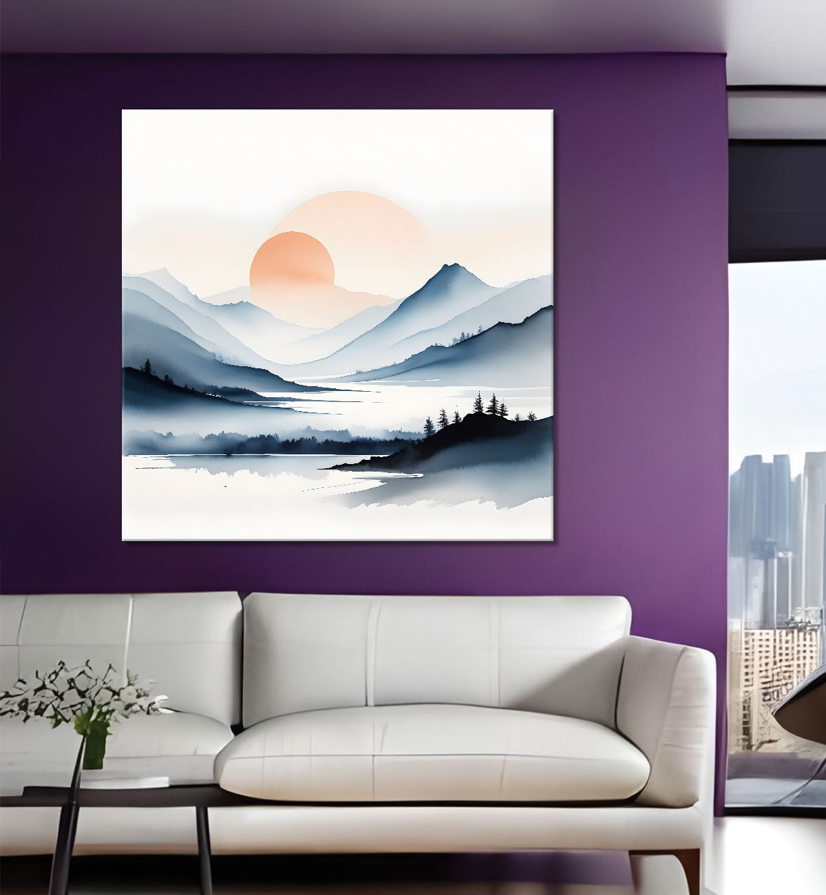 Mountains with sunset painting  24X24 - Nature Art -S-113
