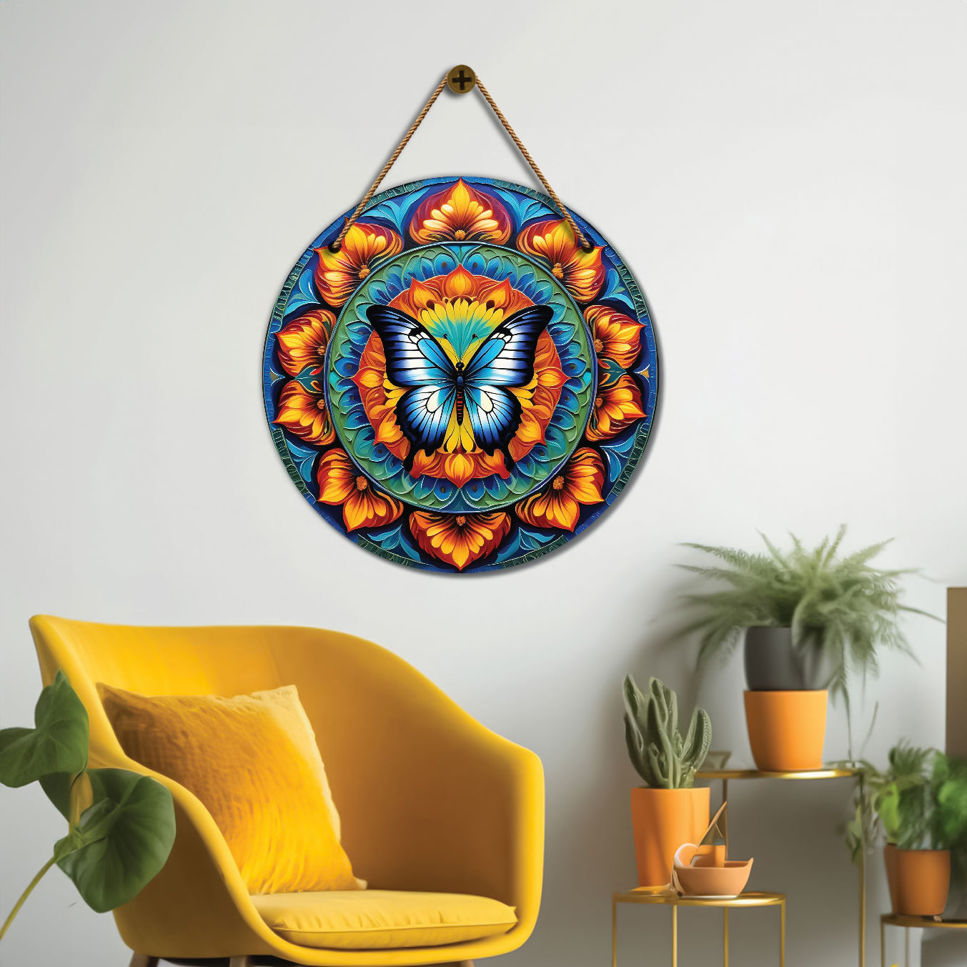 Butterfly in blue and orange mandala Round Wooden Wall Hanging for wall Décor - Design - 113