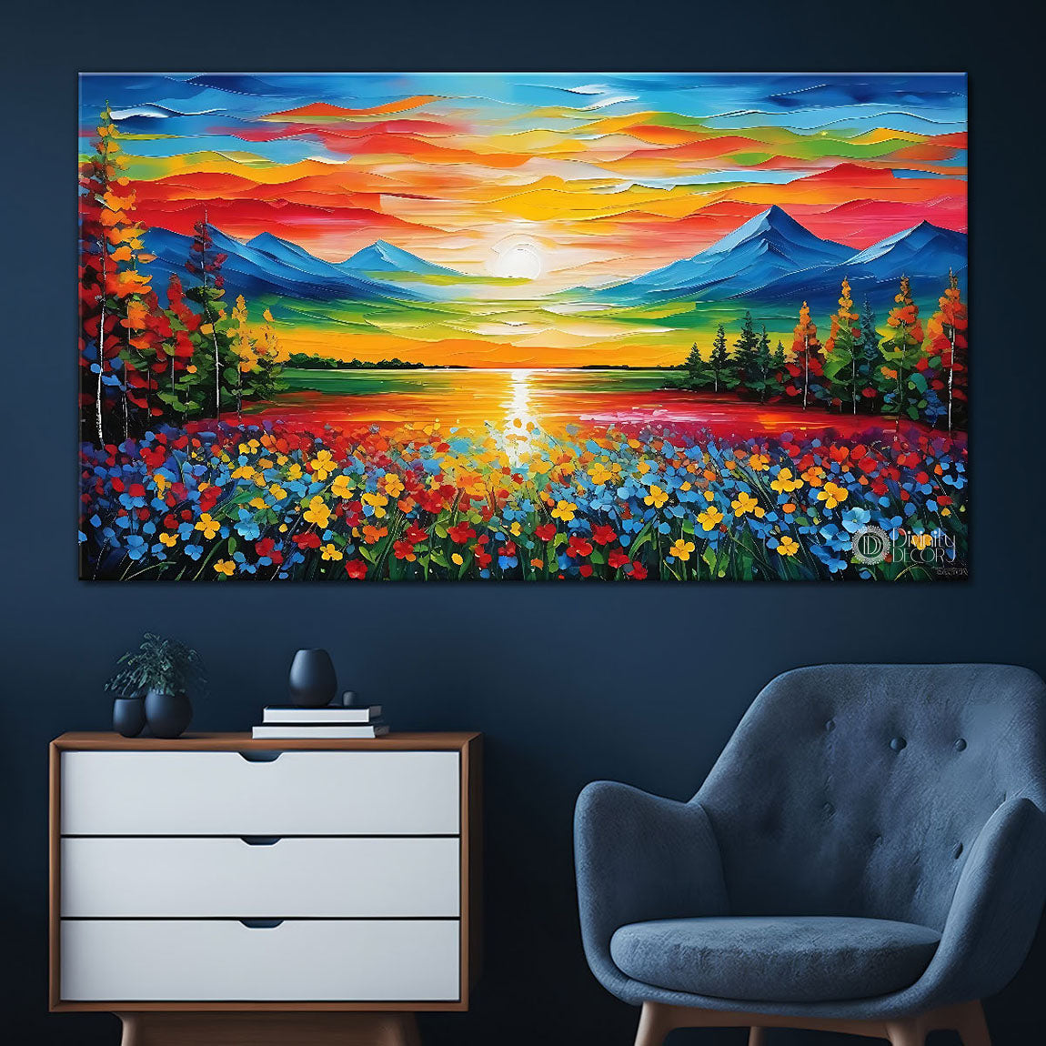 Mountains with flowers and sunset view with pink sky in textured painting Canvas Painting - Nature Art -113