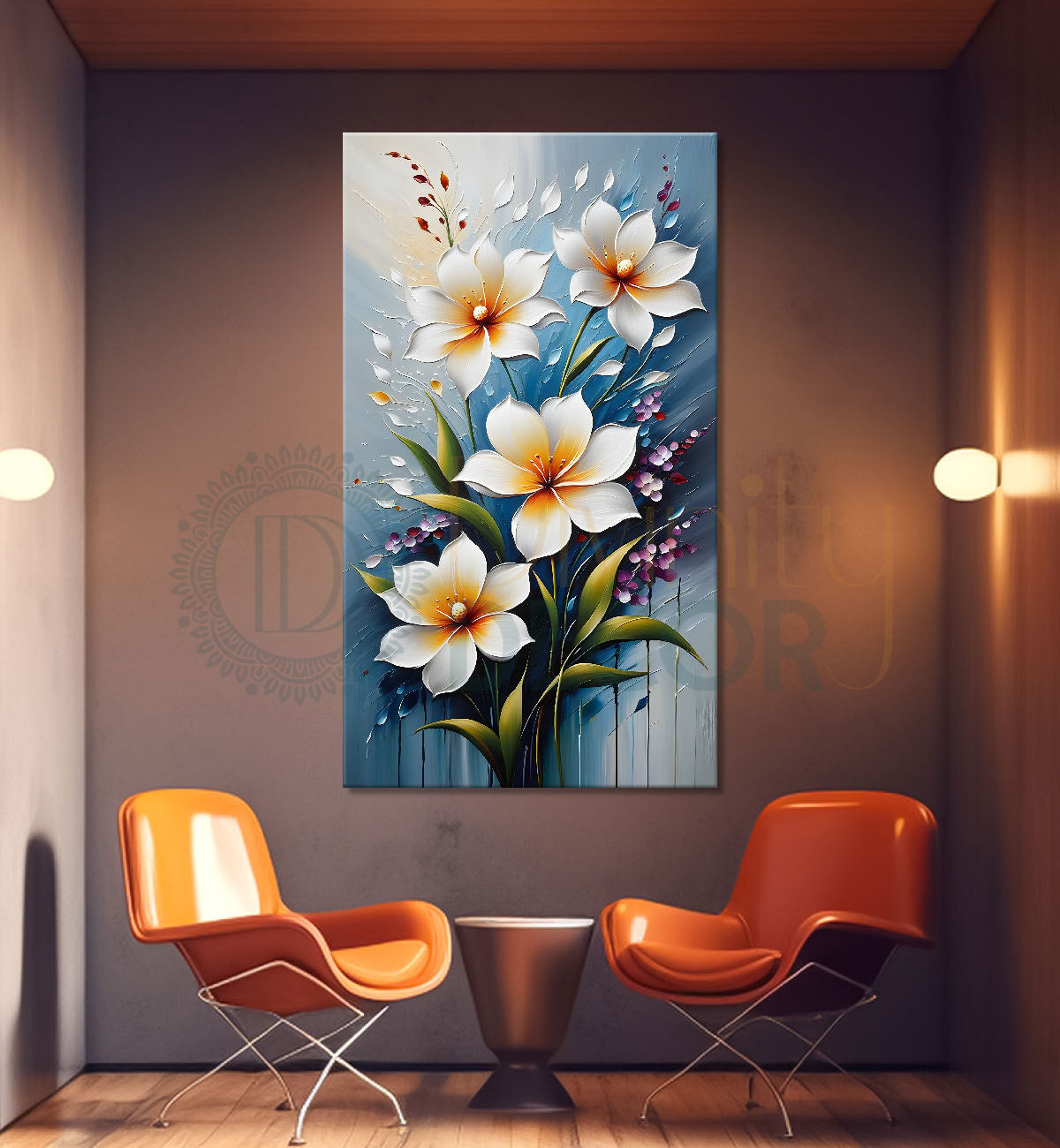 Yellow leaves in navy blue textured background painting- Flower-V-114