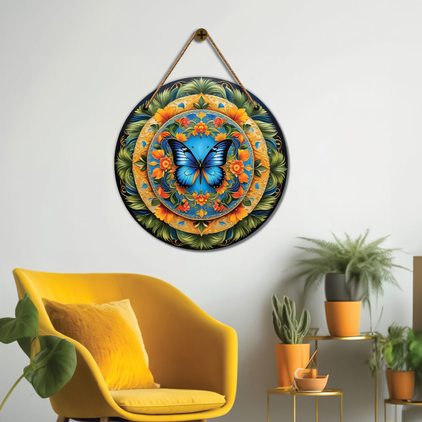 Butterfly in green and orange mandala Round Wooden Wall Hanging for wall Décor - Design - 114