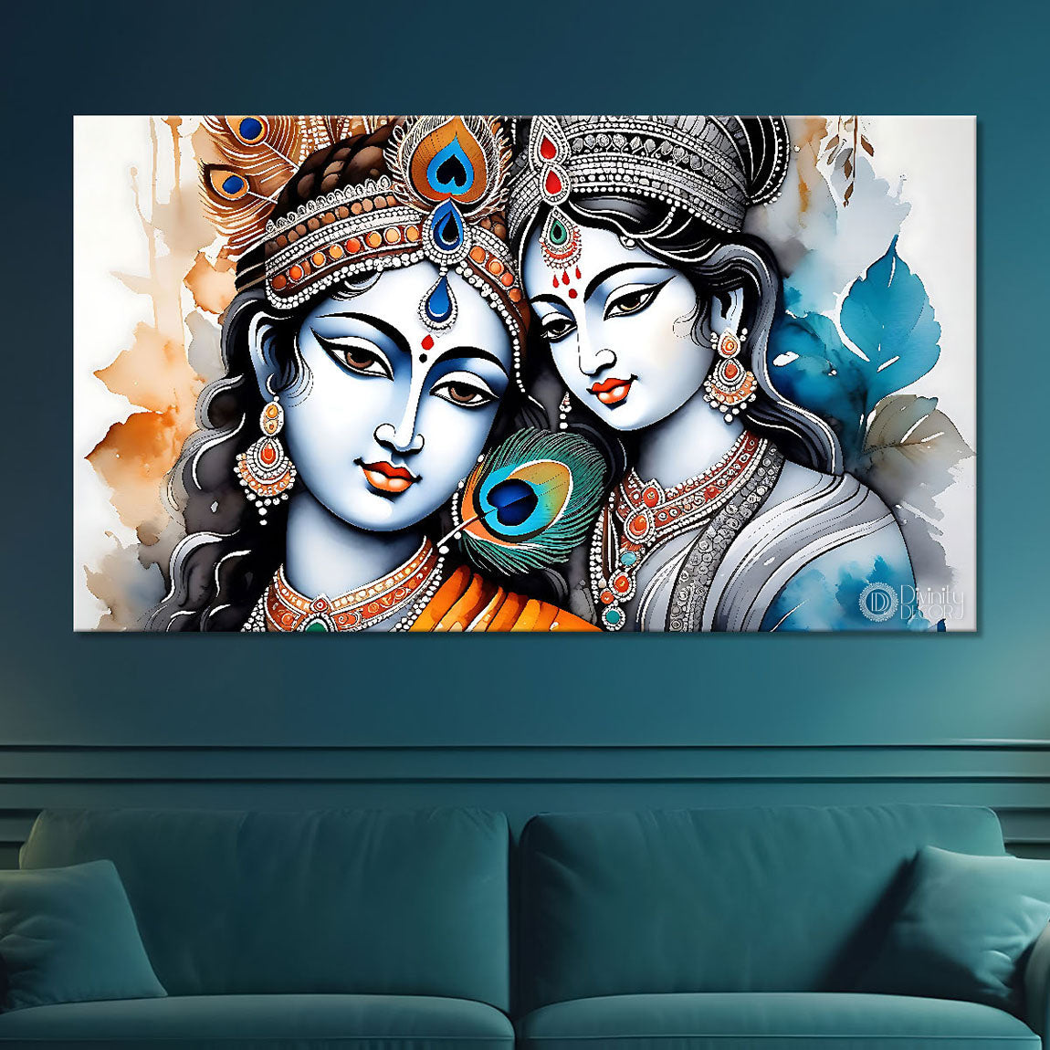 Blue face of Krishna and Radha with peacock feathers painting Canvas Painting - Design - Krishna-115