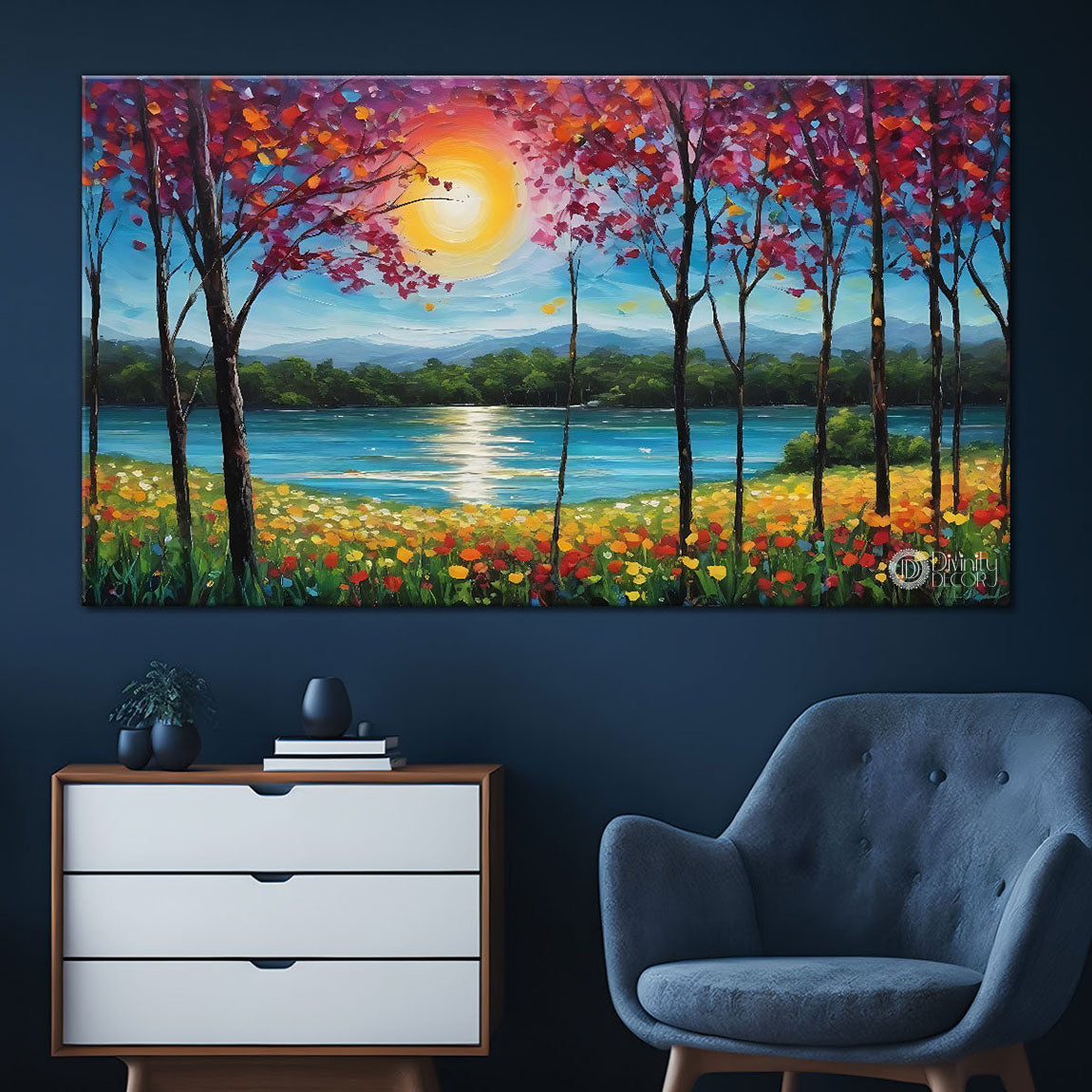 Pink trees with sun and river in textured painting Canvas Painting - Nature Art -115