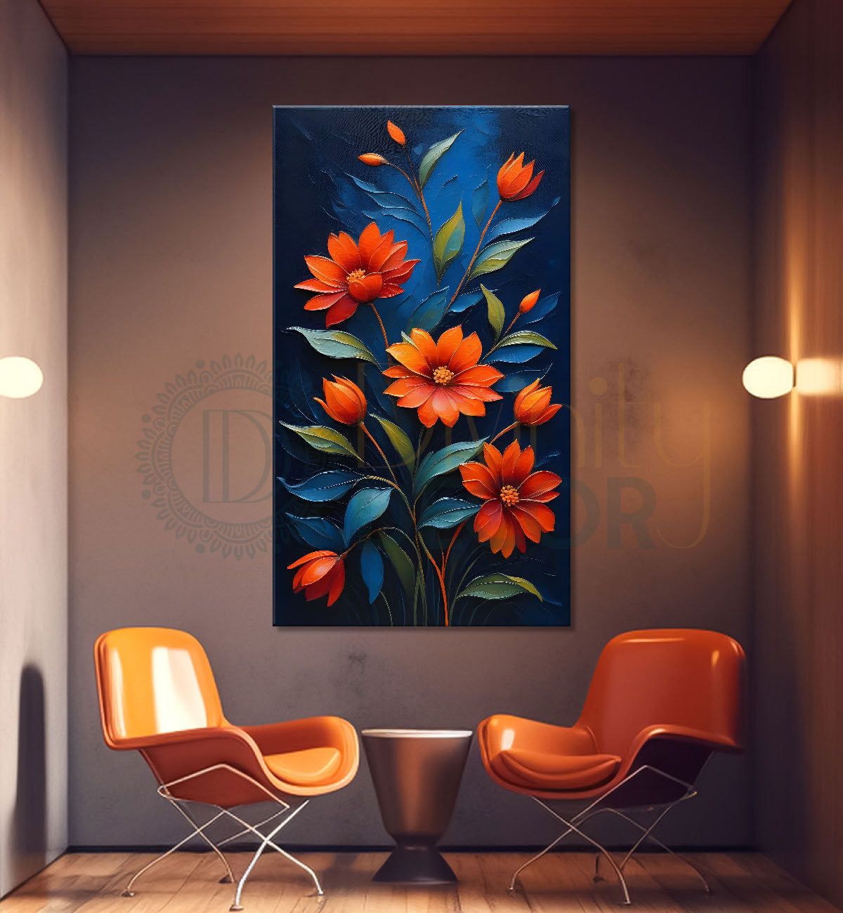 Red flower in navy blue textured background painting- Flower-V-115