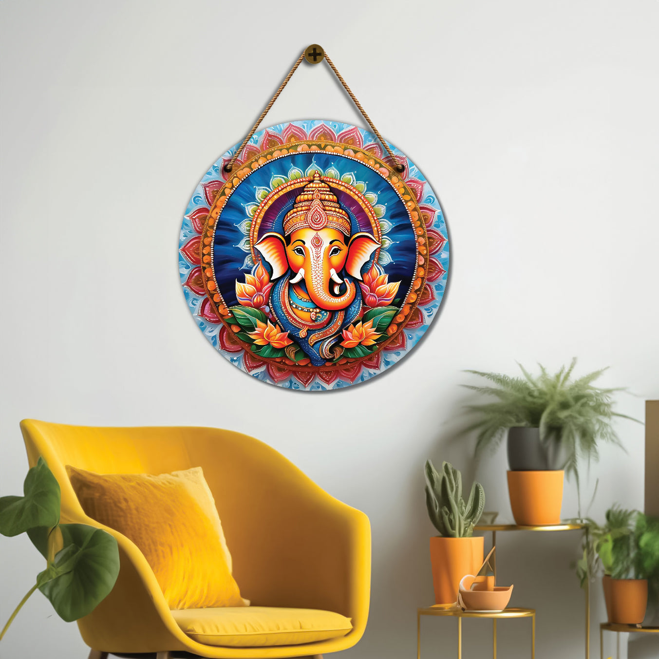 Ganesh Ji in blue and orange mandala Round Wooden Wall Hanging for wall Décor - Design - 115
