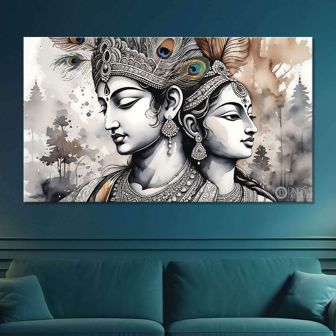 Krishna and Radha with off white background painting Canvas Painting - Design - Krishna-116