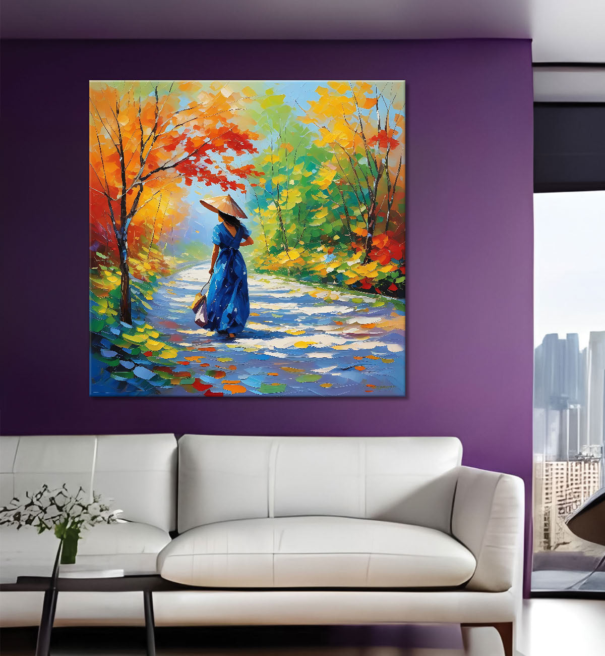 Girl with colourful trees water colour painting 24X24  - Nature Art -S-116