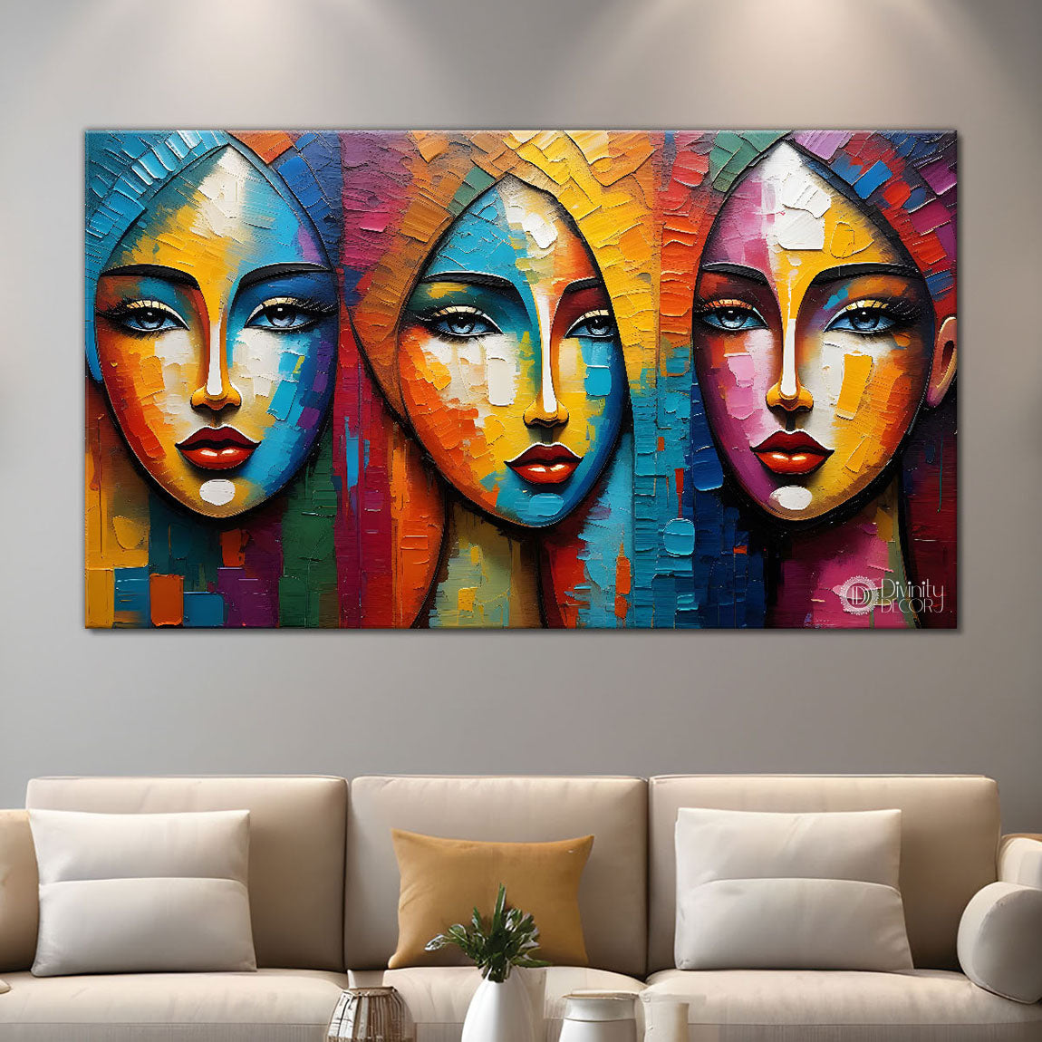 Three beautiful women faces textured art Canvas Painting - Design - Modern-L-116