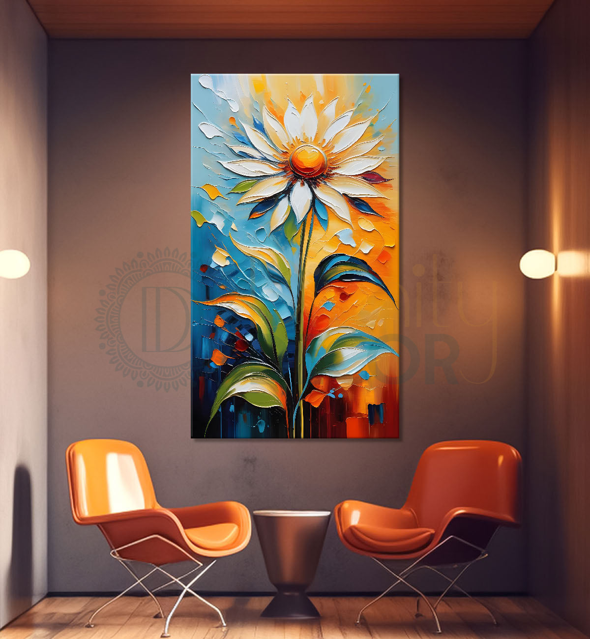 White flower in colourful textured painting- Flower-V-116