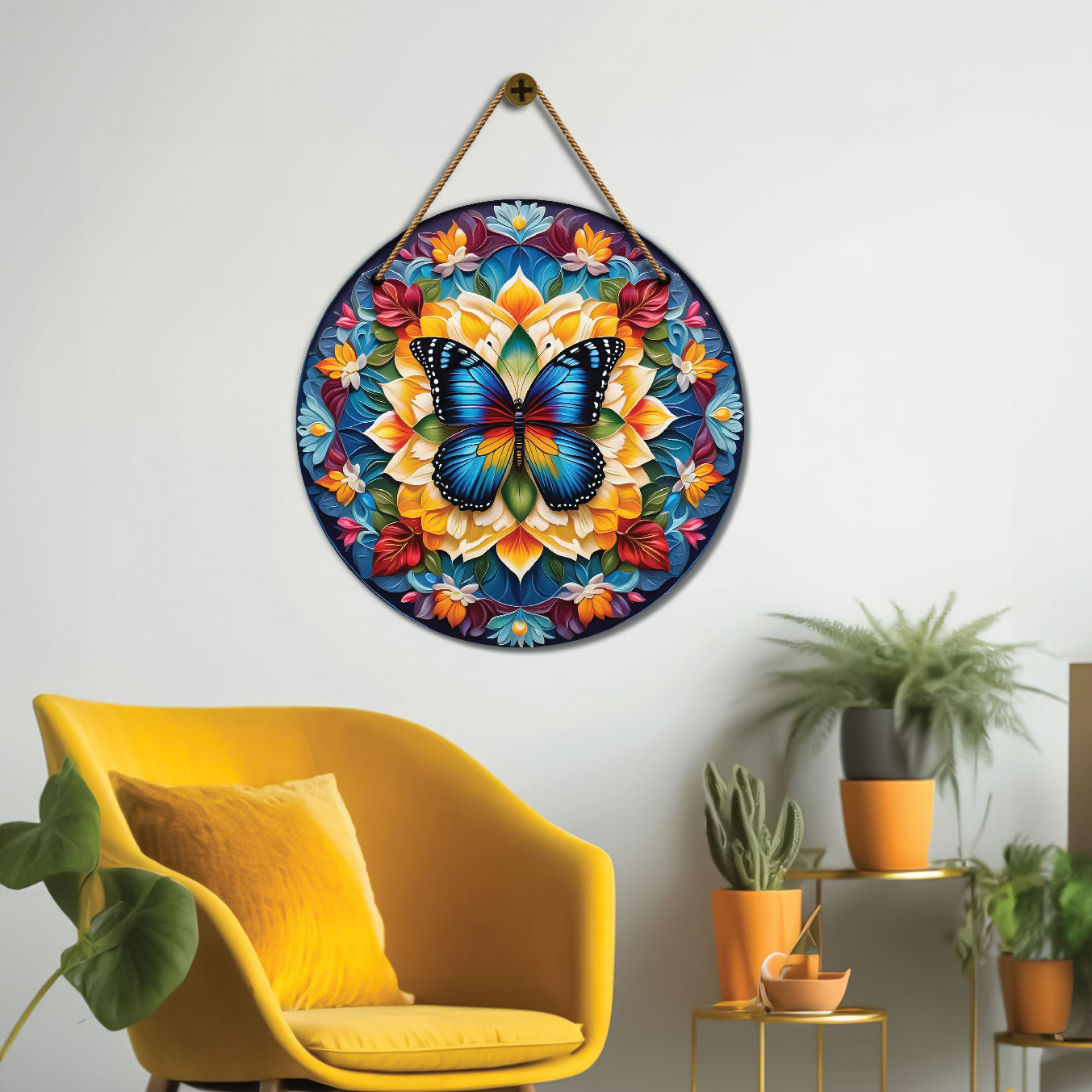 Butterfly in floral and blue mandala Round Wooden Wall Hanging for wall Décor - Design - 117