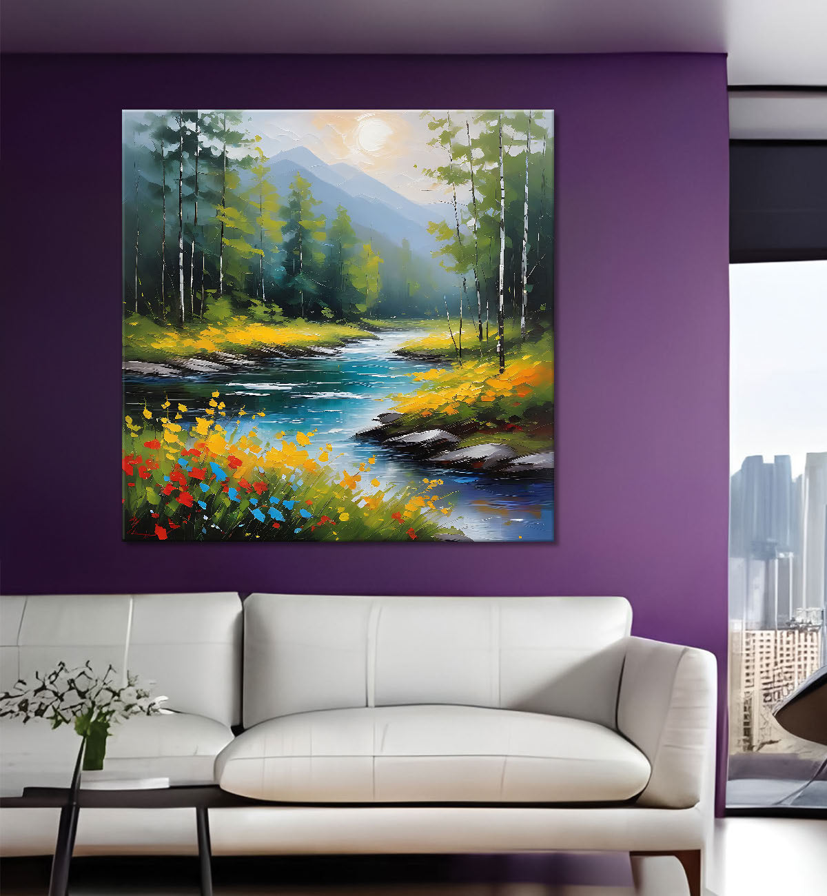 Mountains with river painting  24X24  - Nature Art -S-117