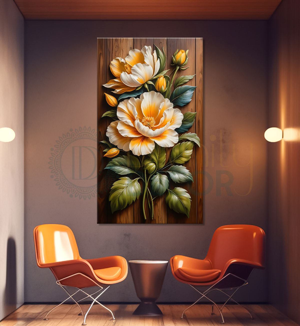 White flower in light brown textured painting- Flower-V-117